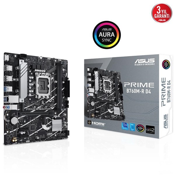 Asus Prıme B760M-R D4 Intel B760 Lga1700 DDR4 5333 Hdmı 2X M2 Usb3.2 Aura Rgb 2.5Gbit Lan Matx (Prıme B760M-R D4) Anakart