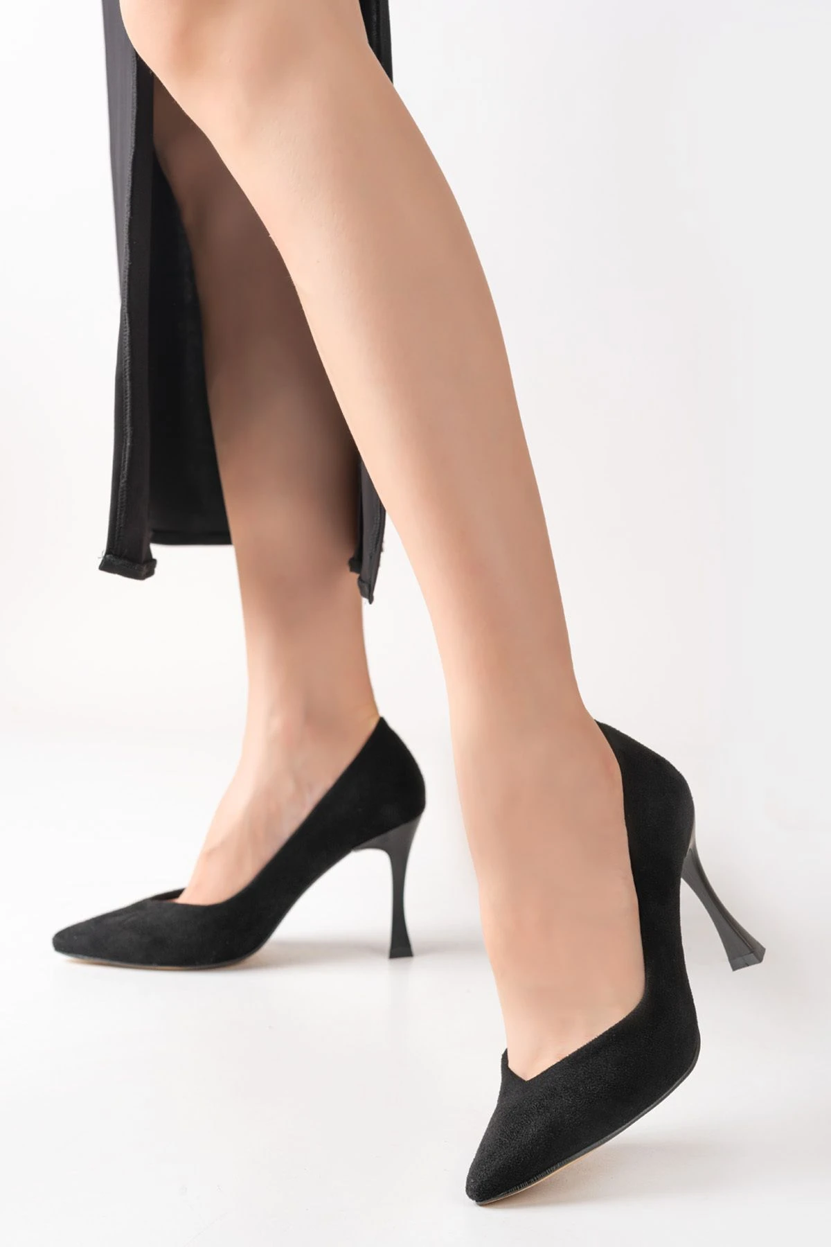 Massole-1377 Stiletto 9cm Kadın Topuklu Ayakkabı Yeni Sezon Tarz Topuk Şık Günlük Rahat Orijinal Marka - si̇yah süet