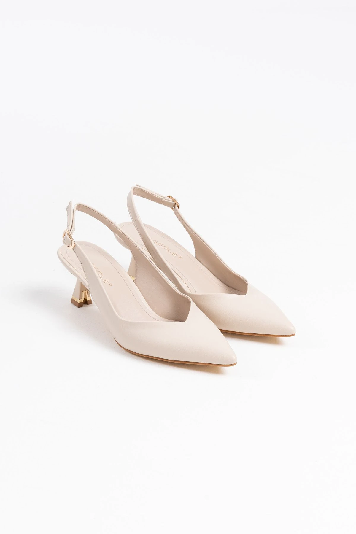 Kadın Bej Deri 5 cm Stiletto Özel Tasarım Topuk V Model Arkası Açık Rahat Massole Yeni Sezon