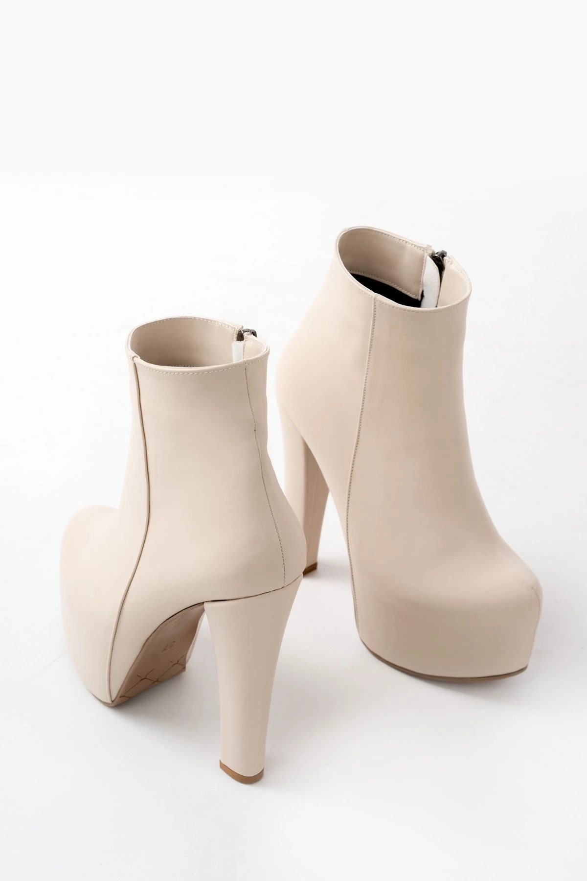 Bej Deri Platform Bot Ten Yeni Sezon Şık Abiye Kadın Topuklu Ayakkabı Premium Model