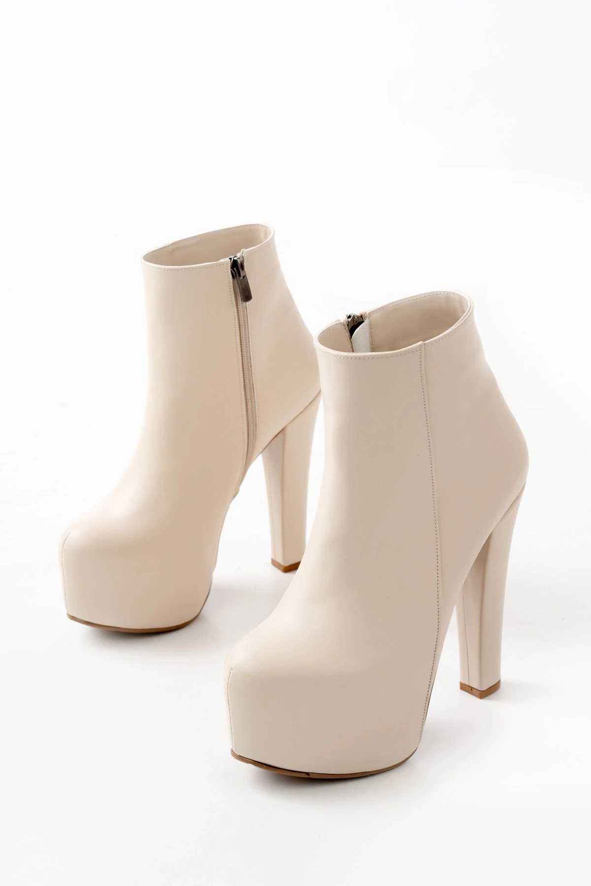 Bej Deri Platform Bot Ten Yeni Sezon Şık Abiye Kadın Topuklu Ayakkabı Premium Model