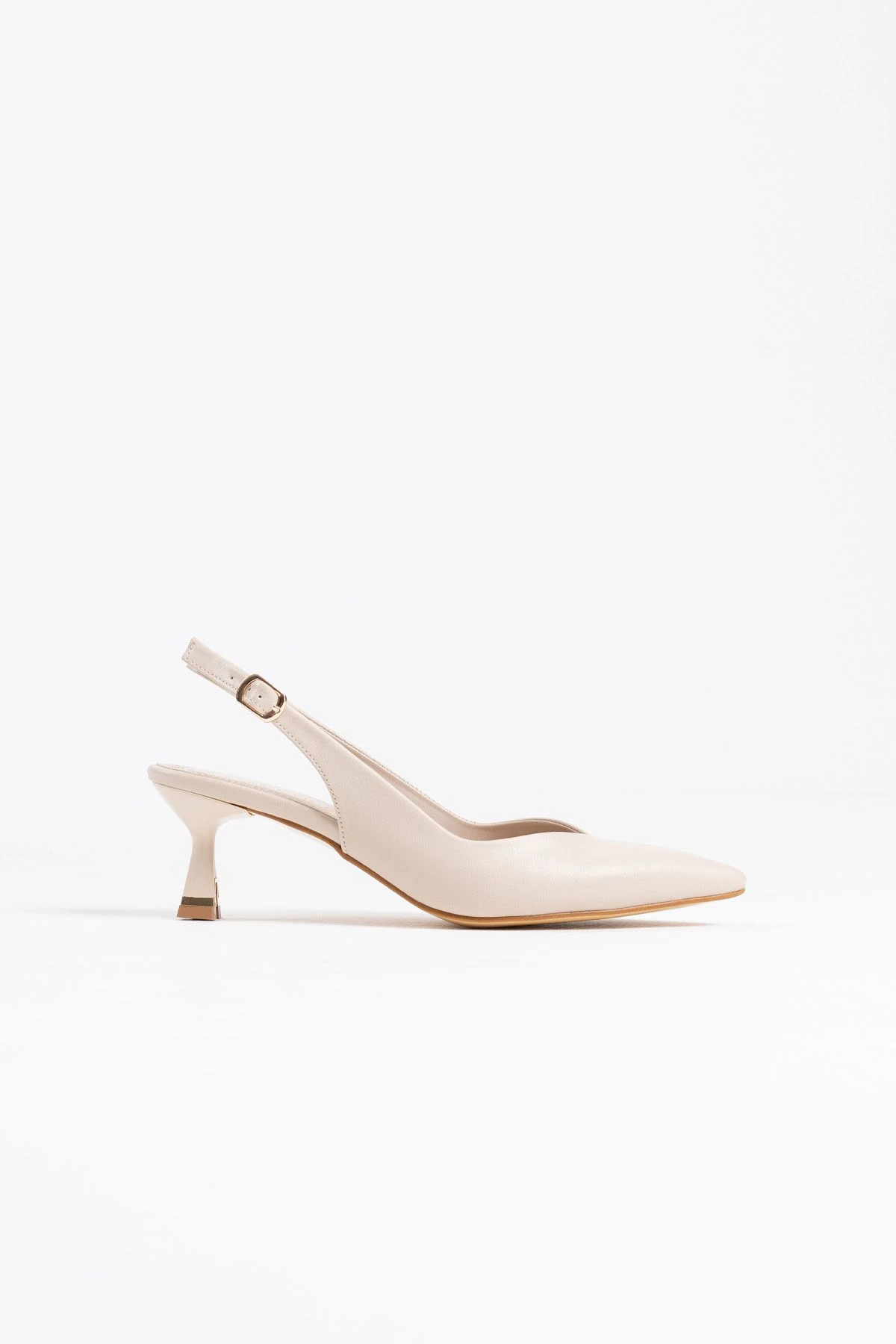 Kadın Bej Deri 5 cm Stiletto Özel Tasarım Topuk V Model Arkası Açık Rahat Massole Yeni Sezon