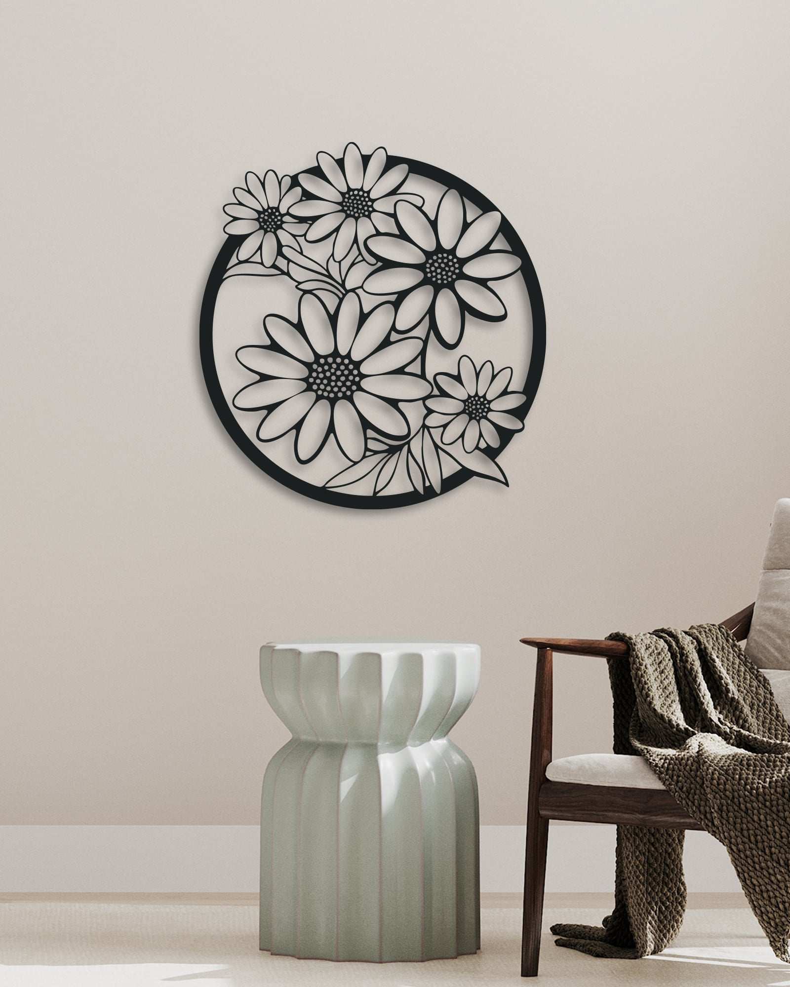 Daire Çiçek Desenli Dekoratif Metal Duvar Tablosu