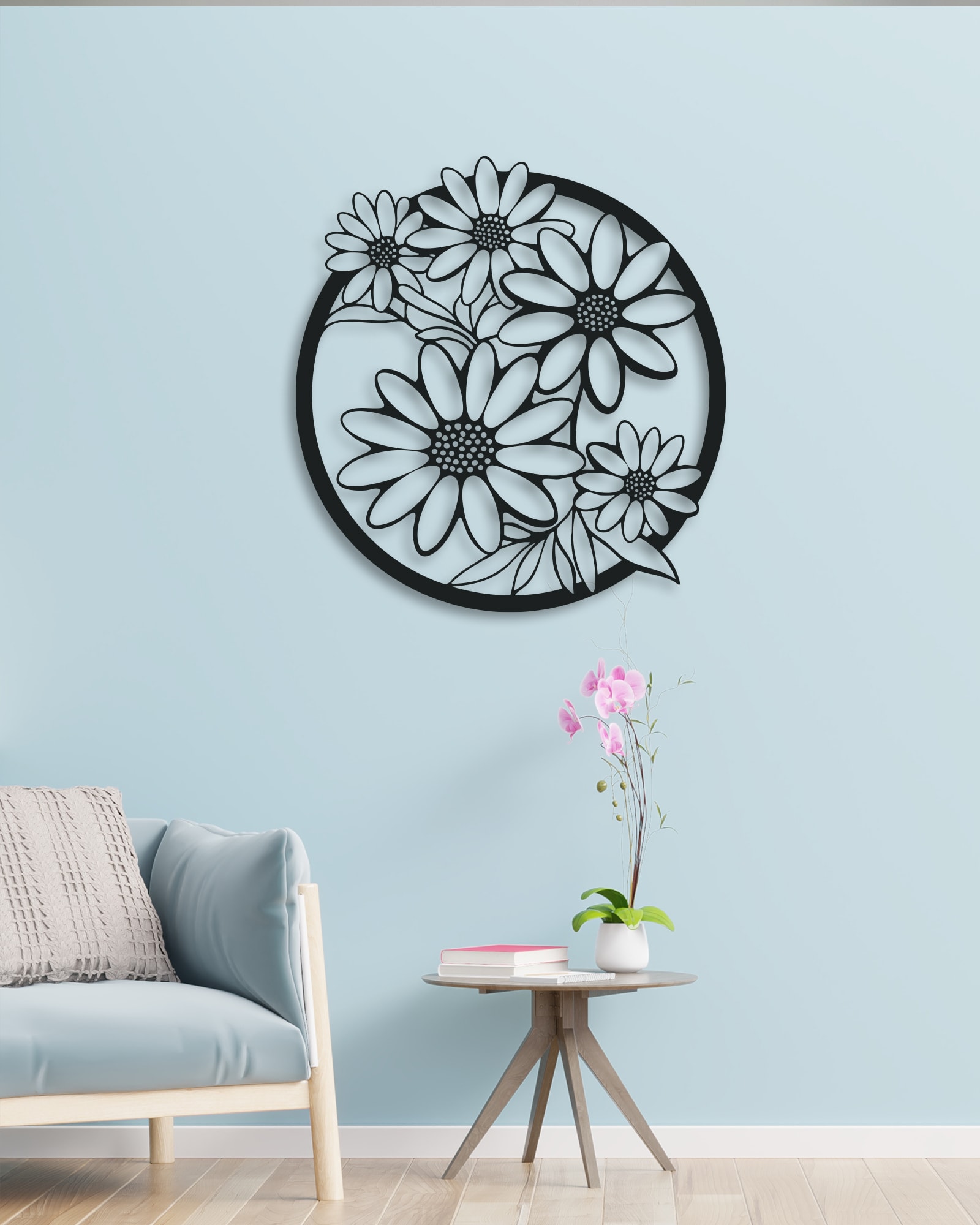 Daire Çiçek Desenli Dekoratif Metal Duvar Tablosu
