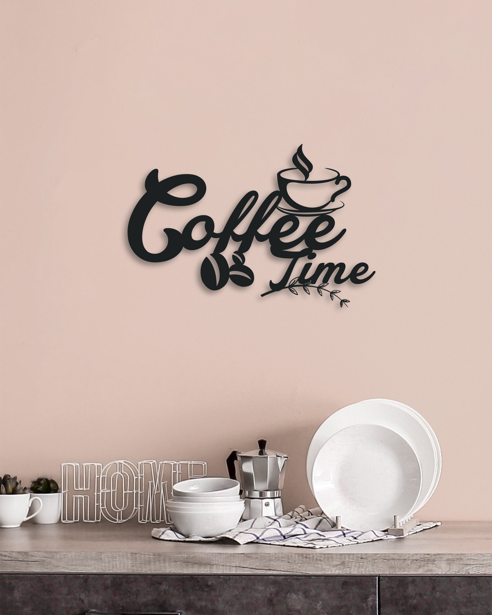 Coffee Time Yazılı Kahve Köşesi Metal Duvar Tablosu