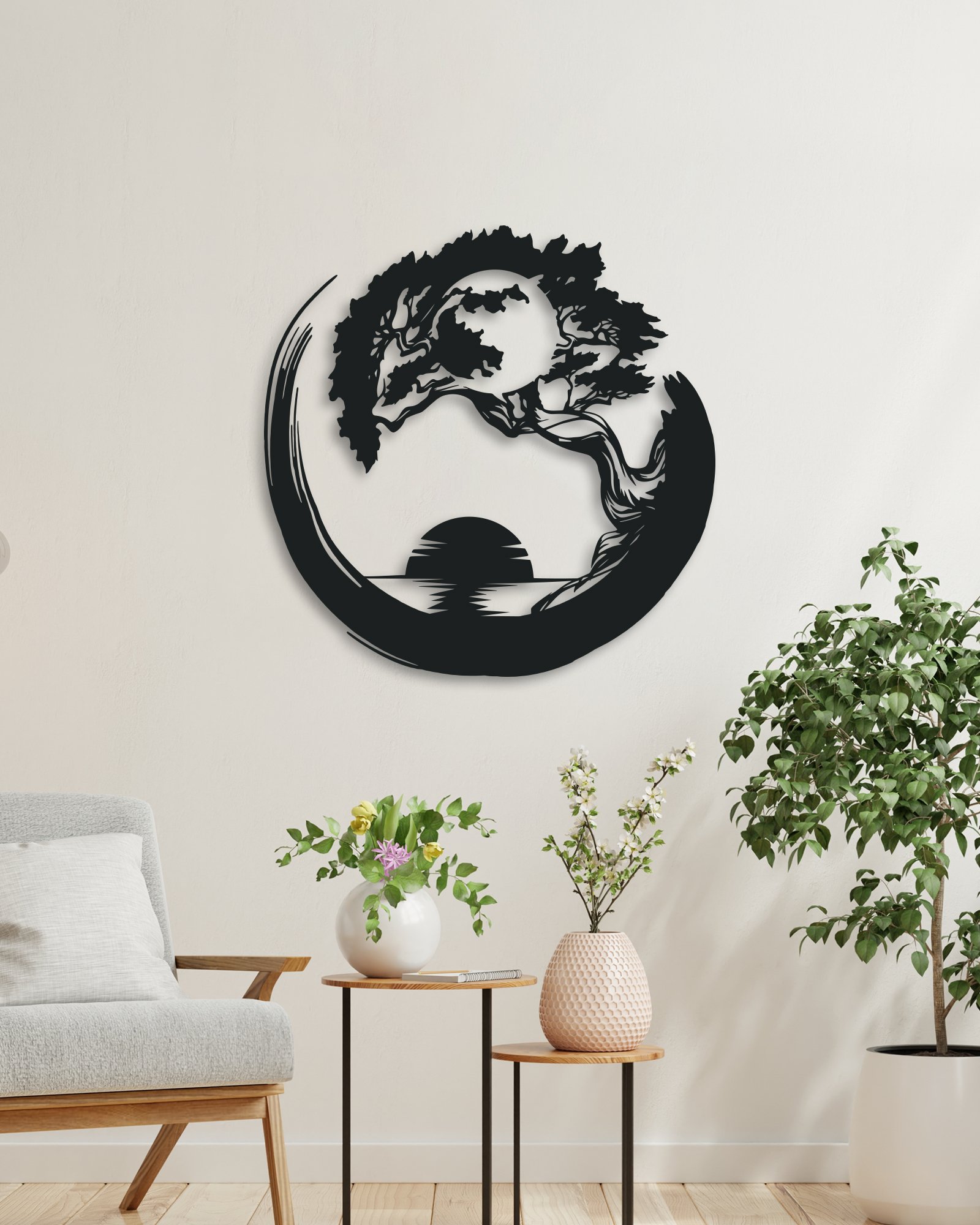 Bonsai Ağacı ve Gün Batımı ile Ying Yang Temalı Metal Tablo