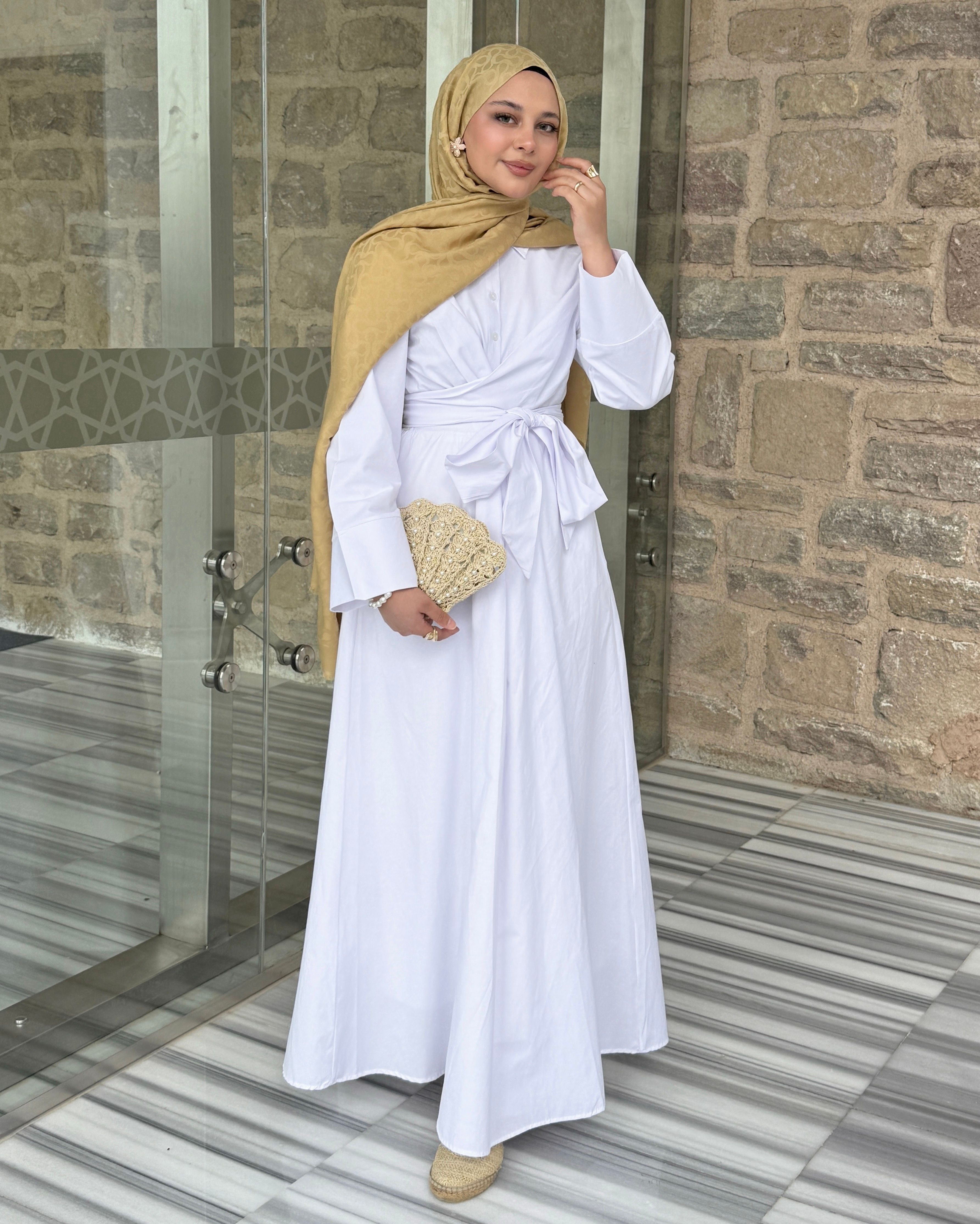 DIANA BAĞLAMA DETAYLI POPLİN ELBİSE - BEYAZ