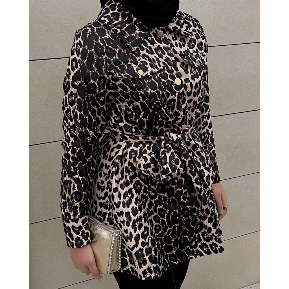 LEOPAR DESEN GABARDİN TRENÇ CEKET