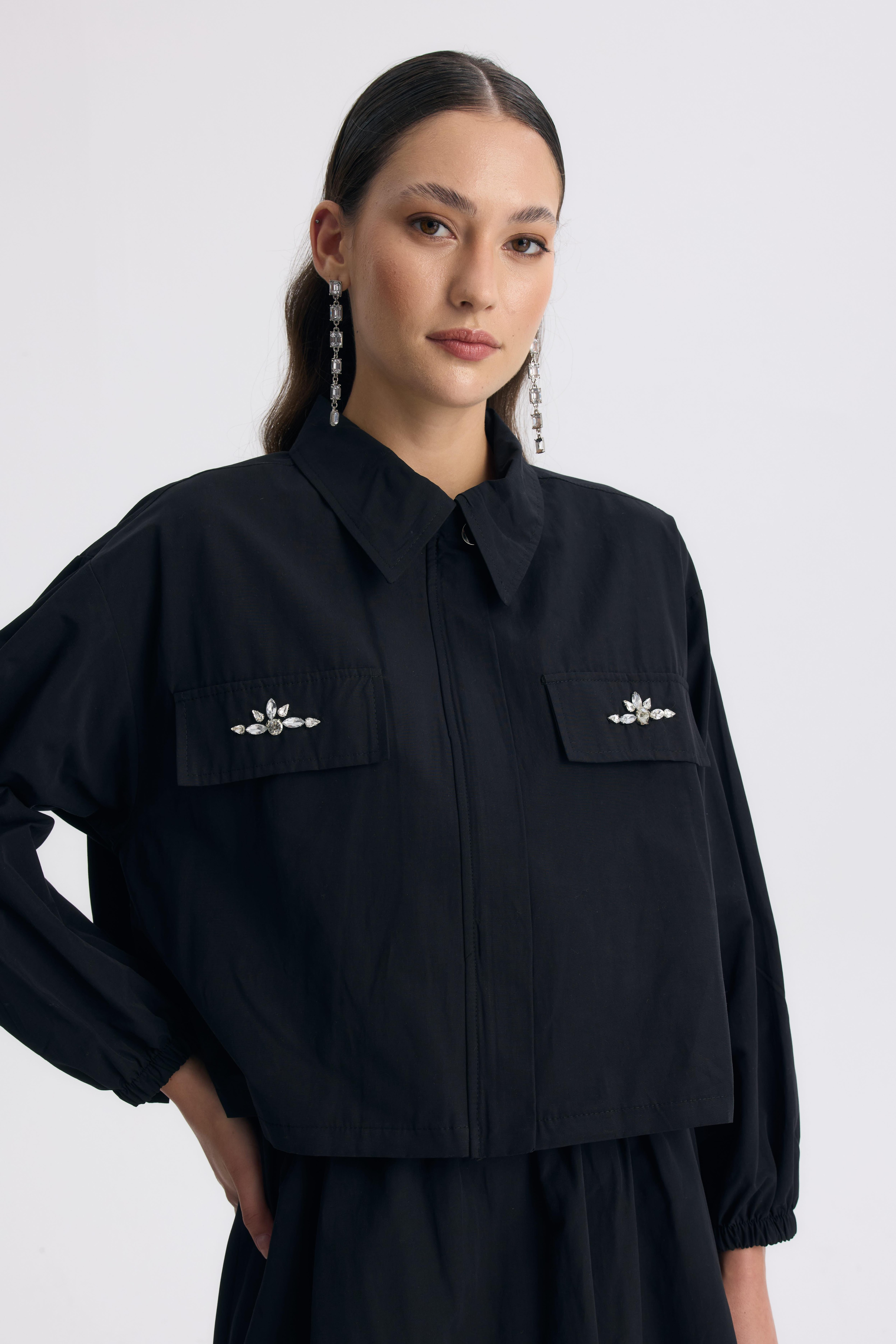 GLAM TAŞ DETAYLI ETEKLİ TAKIM - SİYAH