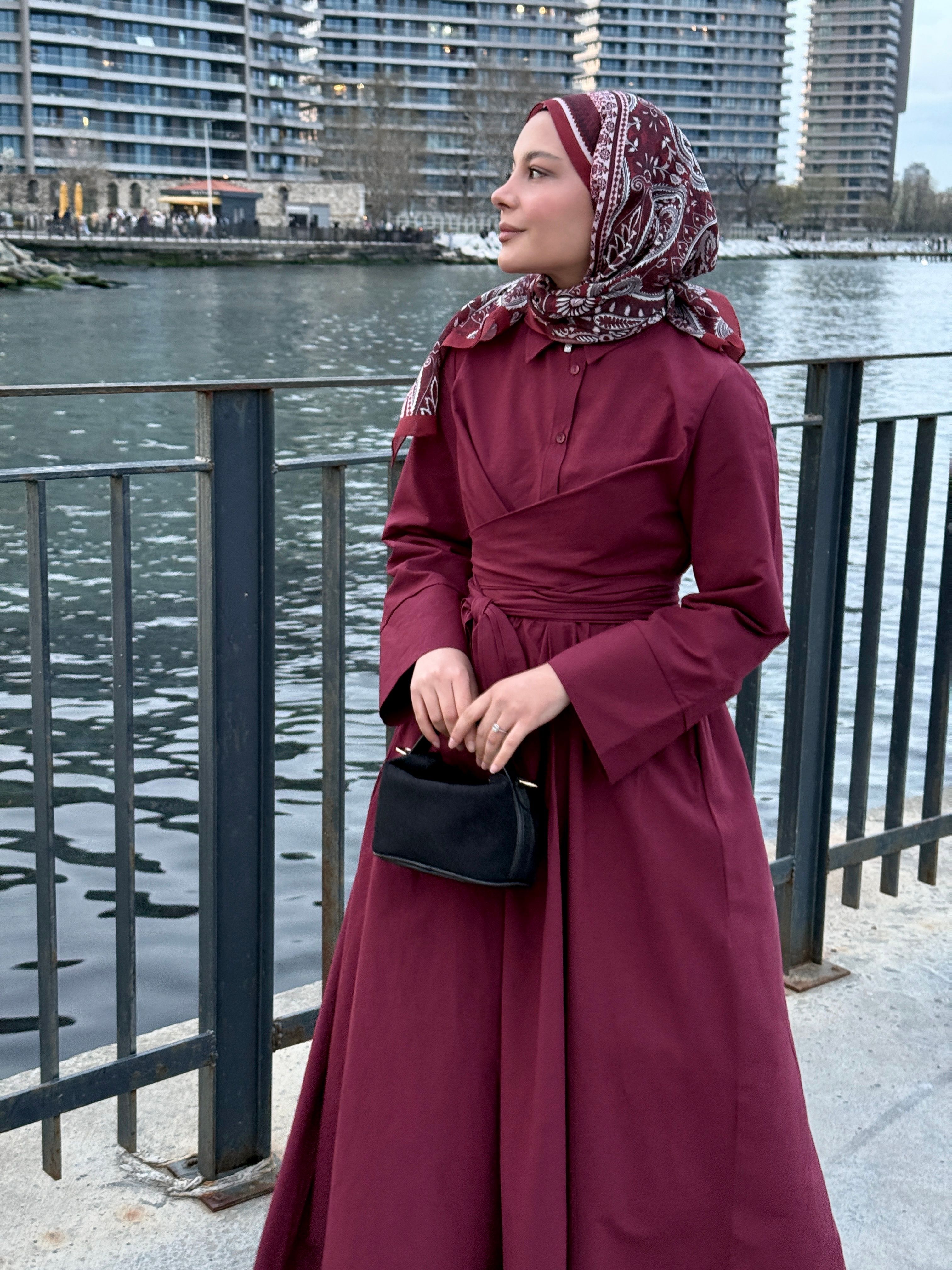 DIANA BAĞLAMA DETAYLI ELBİSE - BORDO