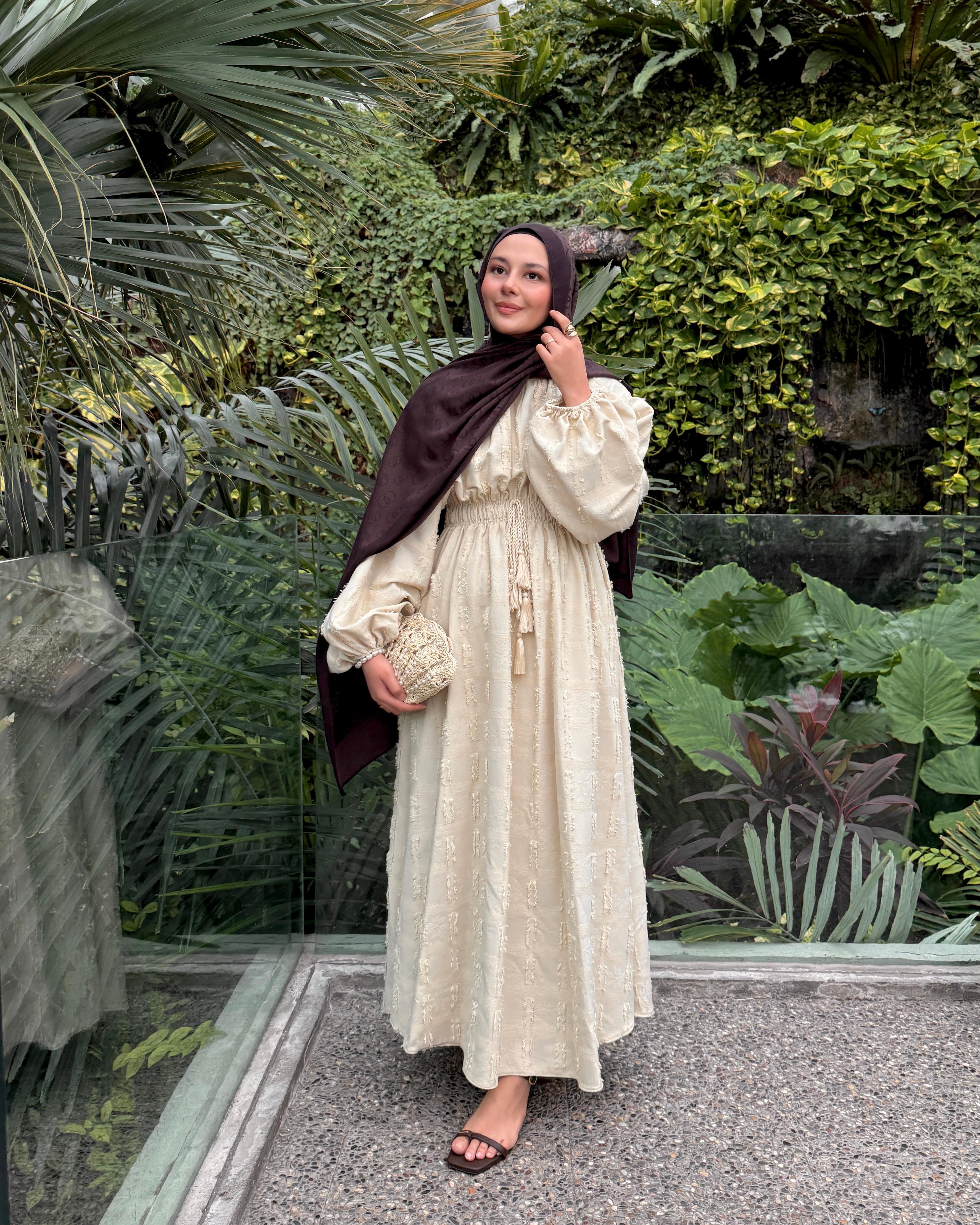 SAHRA BÜZGÜLÜ ELBİSE - BEJ