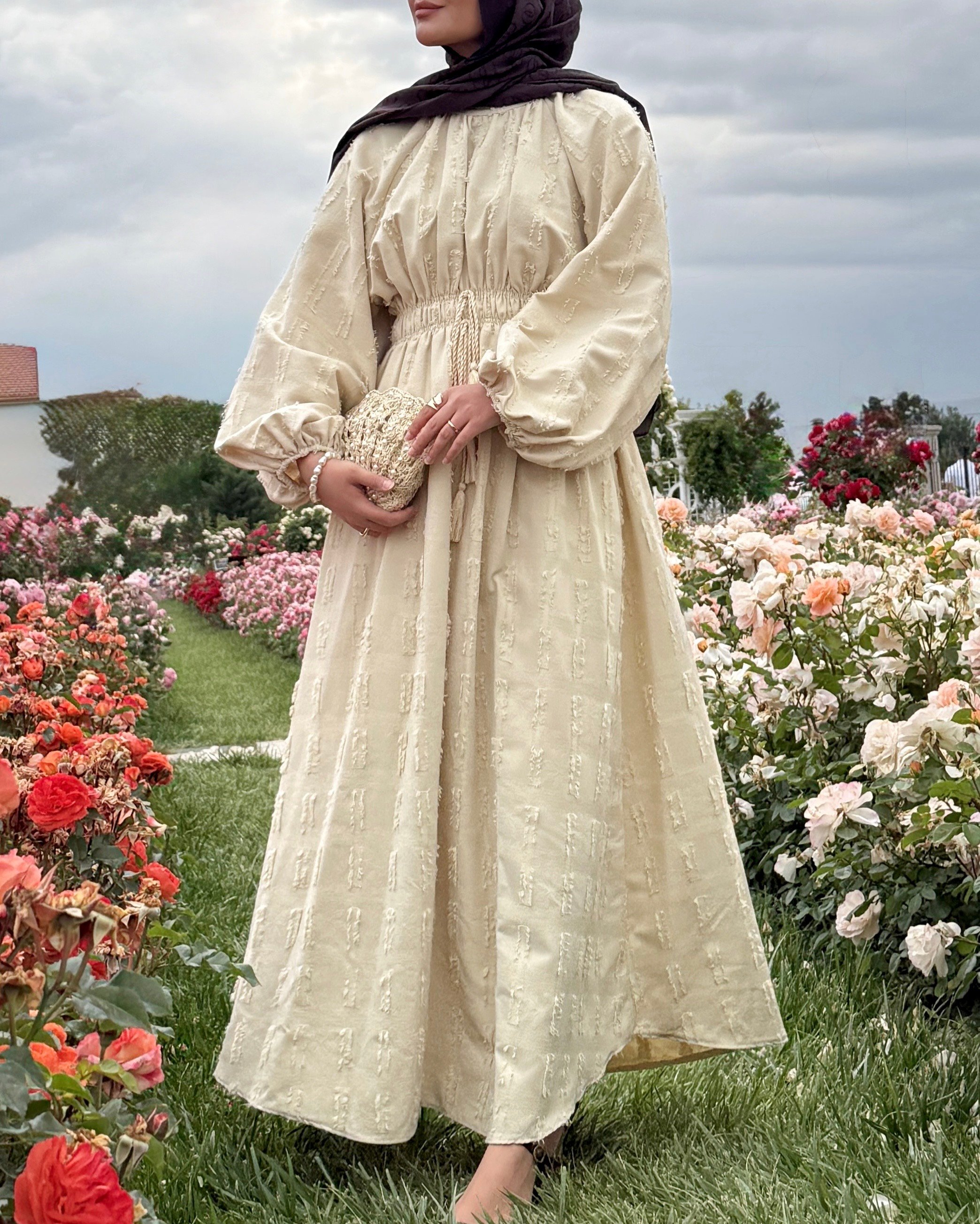SAHRA BÜZGÜLÜ ELBİSE - BEJ