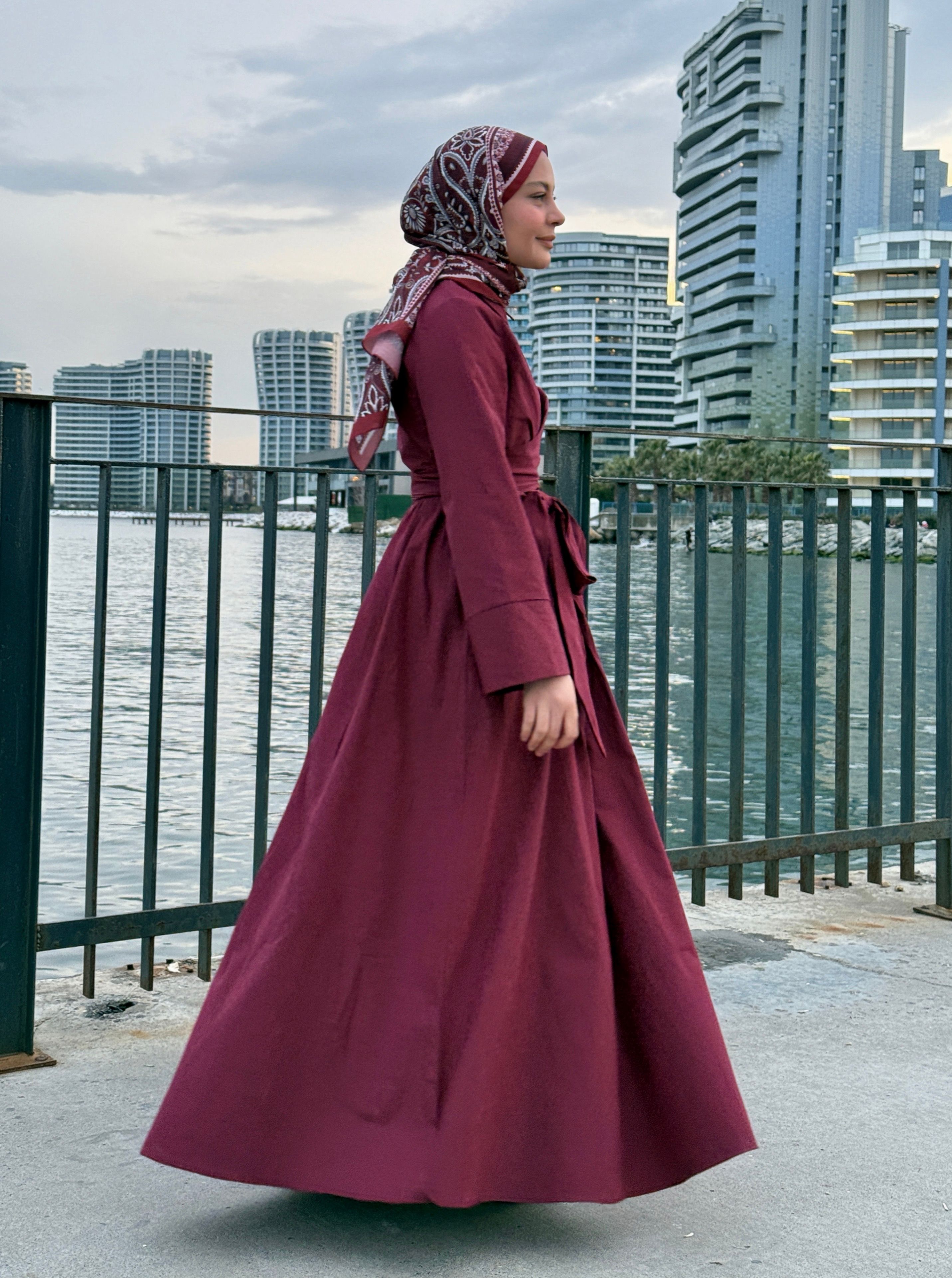 DIANA BAĞLAMA DETAYLI ELBİSE - BORDO