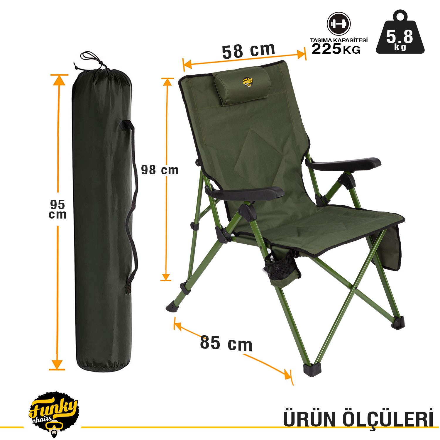 Funky Chairs Comfort 3 Kademeli Katlanabilir Kamp Sandalyesi – Haki