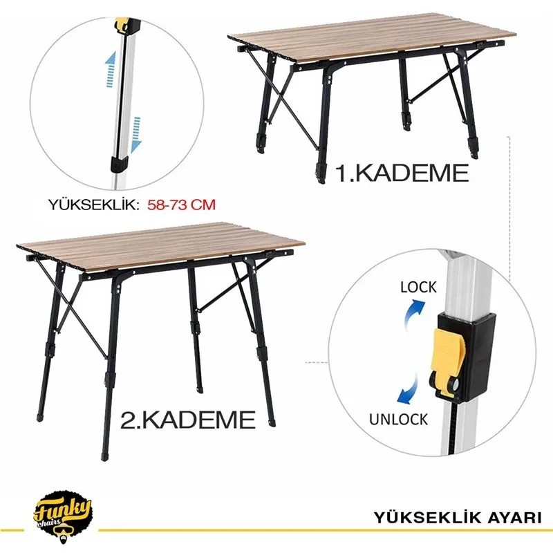 Funky Chairs Elite Alüminyum Teleskopik Ayaklı Kamp Piknik Masası – Ahşap Desen