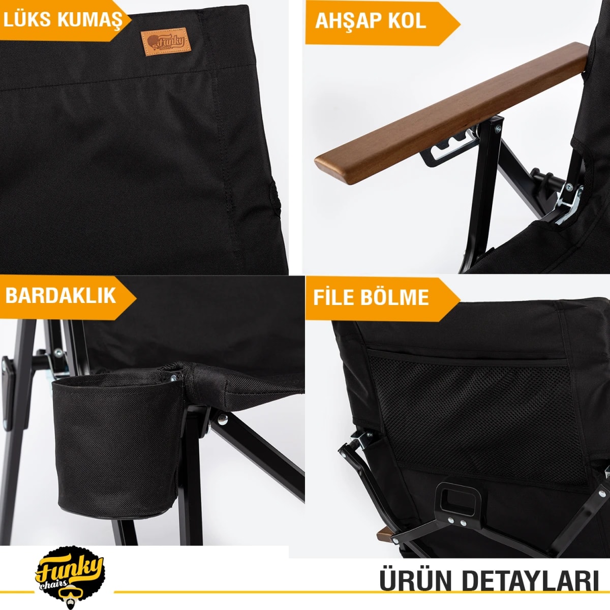 Funky Chairs Royal 4 Kademeli Katlanabilir Alüminyum Kamp Sandalyesi - Siyah