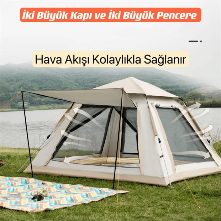 Shufa Tam Otomatik Gölgelikli Tenteli 4-6 Kişilik Kamp Çadırı 240*240*155cm Bej - ZP10