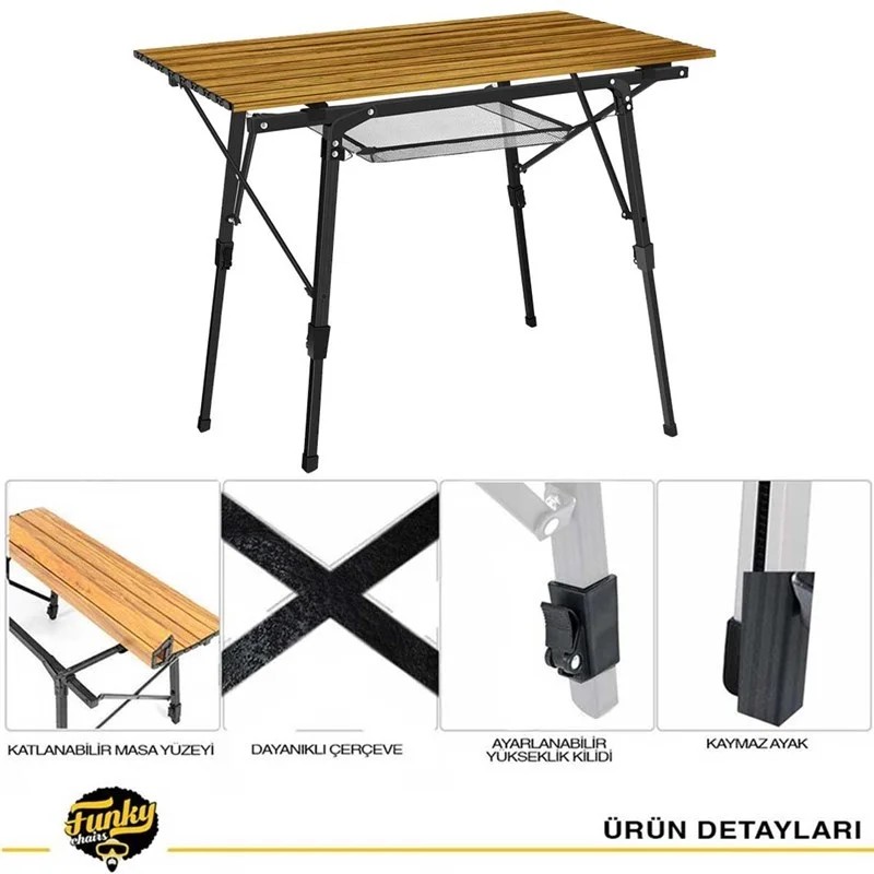 Funky Chairs Elite Alüminyum Teleskopik Ayaklı Kamp Piknik Masası – Ahşap Desen