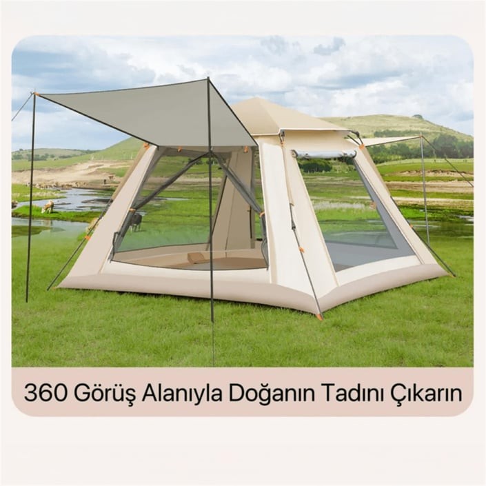Shufa Tam Otomatik Gölgelikli Tenteli 4-6 Kişilik Kamp Çadırı 240*240*155cm Bej - ZP10