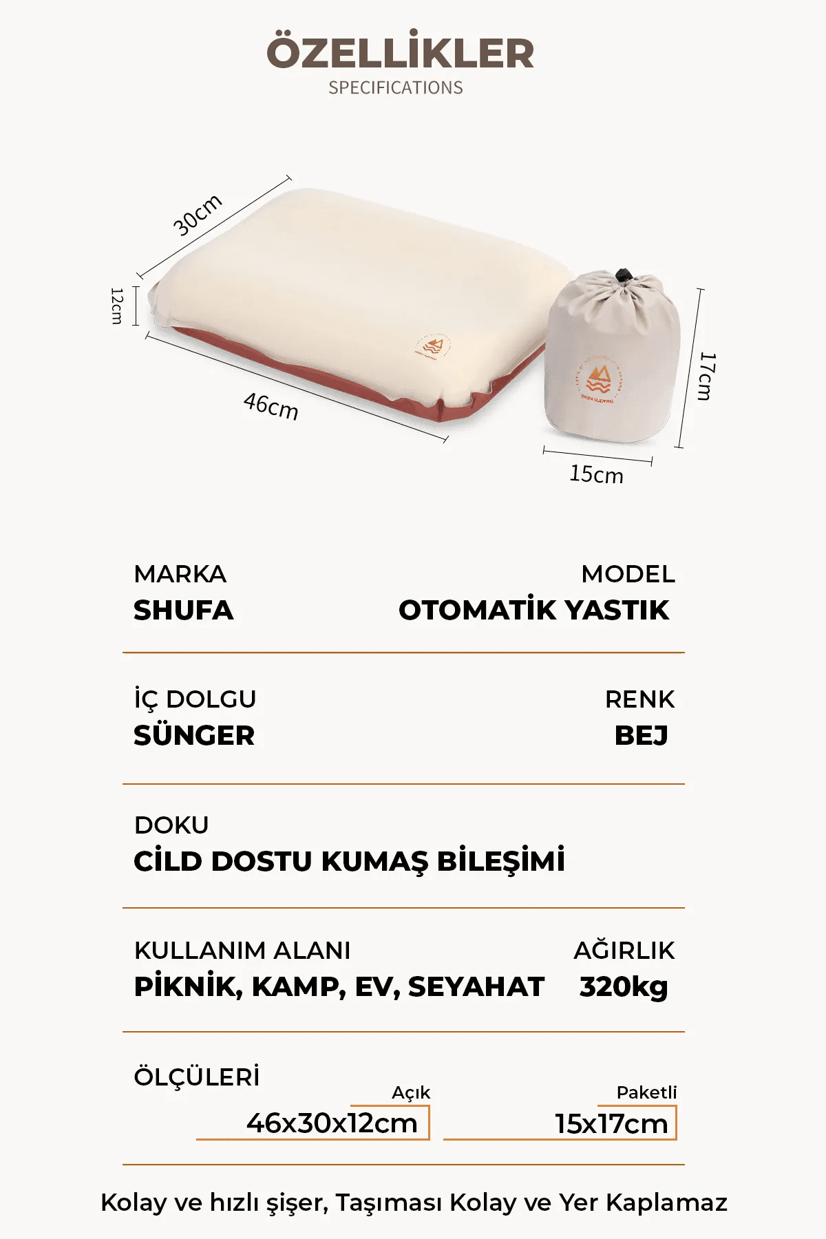 Shufa Otomatik Şişen Süngerli Yastık