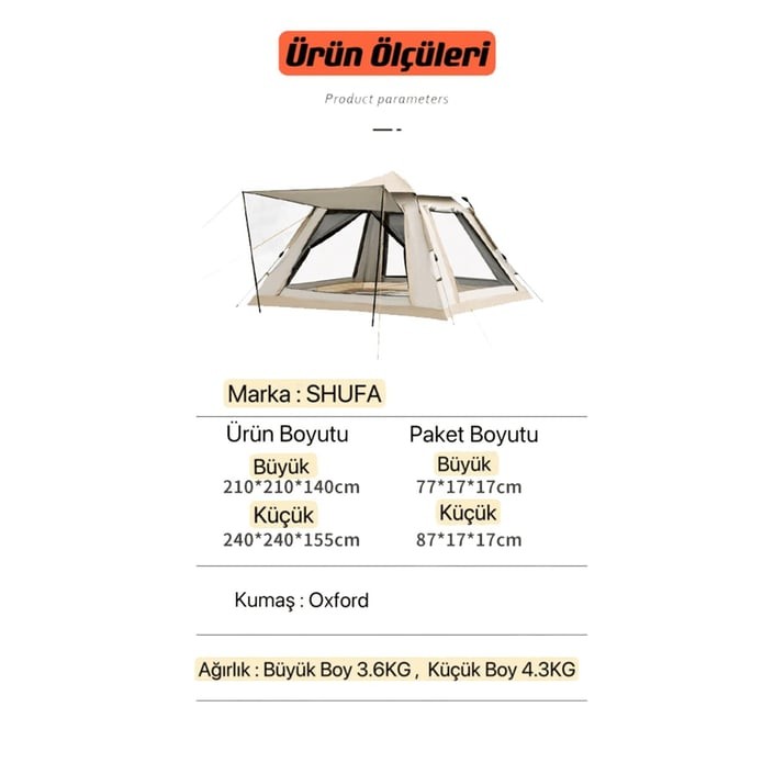 Shufa Tam Otomatik Gölgelikli Tenteli 4-6 Kişilik Kamp Çadırı 240*240*155cm Bej - ZP10