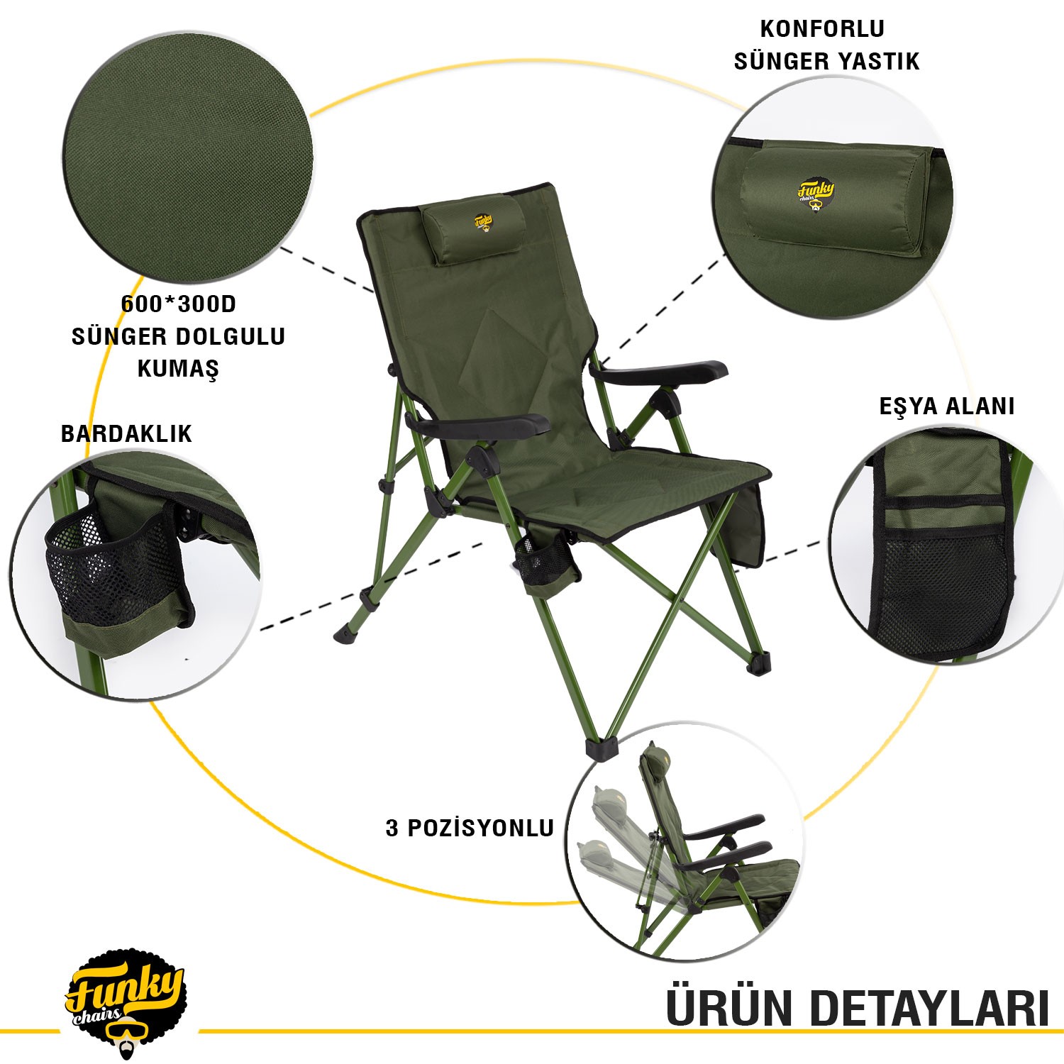 Funky Chairs Comfort 3 Kademeli Katlanabilir Kamp Sandalyesi – Haki