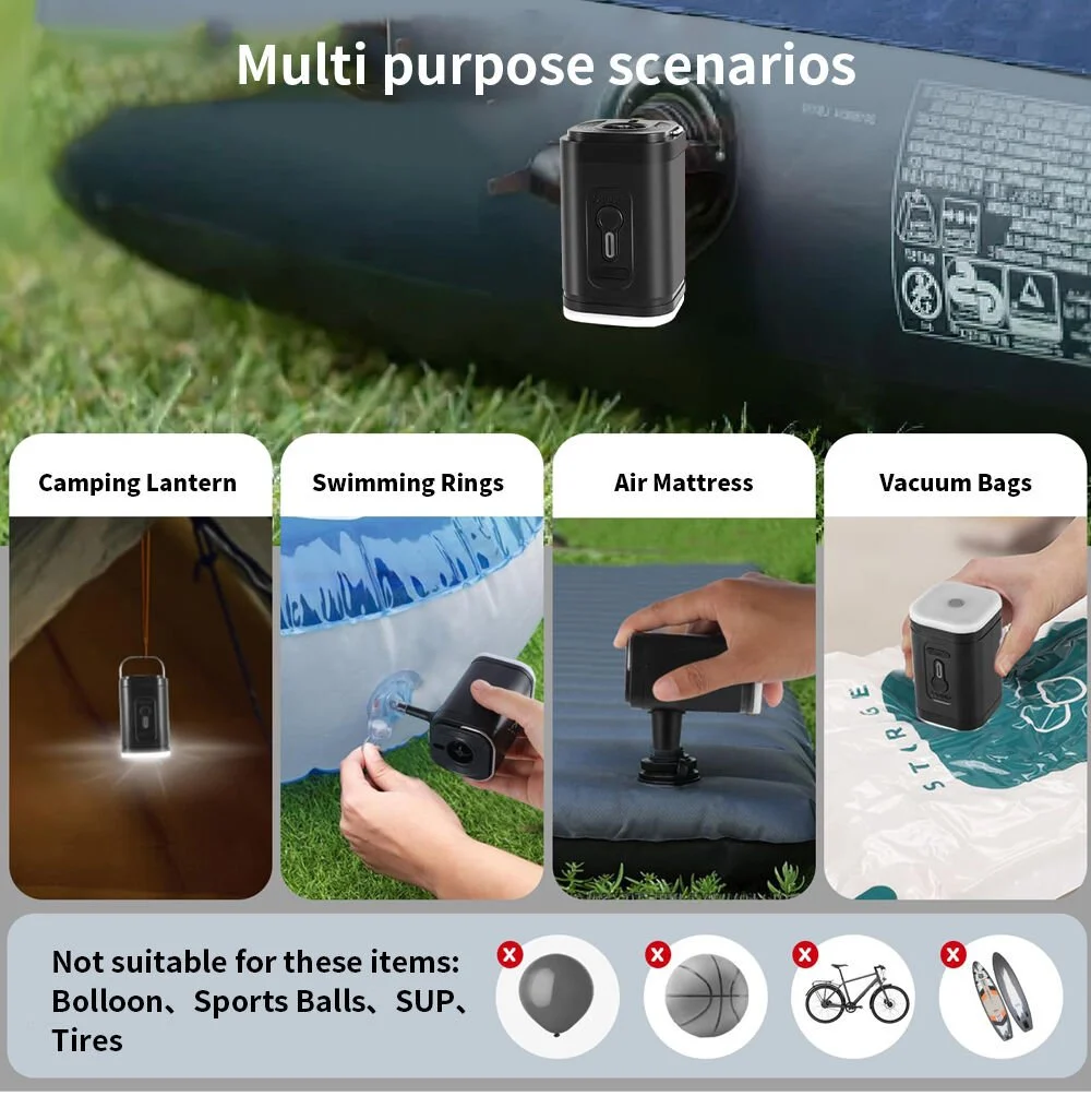 SHUFA GLAMPING 3'ü 1 Arada Taşınabilir USB Şarjlı Elektrikli Hava Pompası – Şişirme/Çekme & LED Işıklı