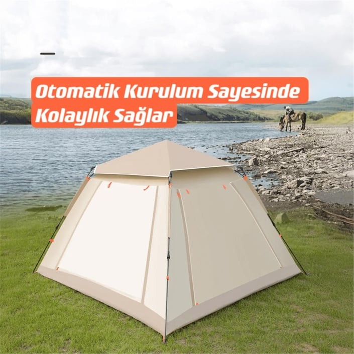 Shufa Tam Otomatik Gölgelikli Tenteli 4-6 Kişilik Kamp Çadırı 240*240*155cm Bej - ZP10