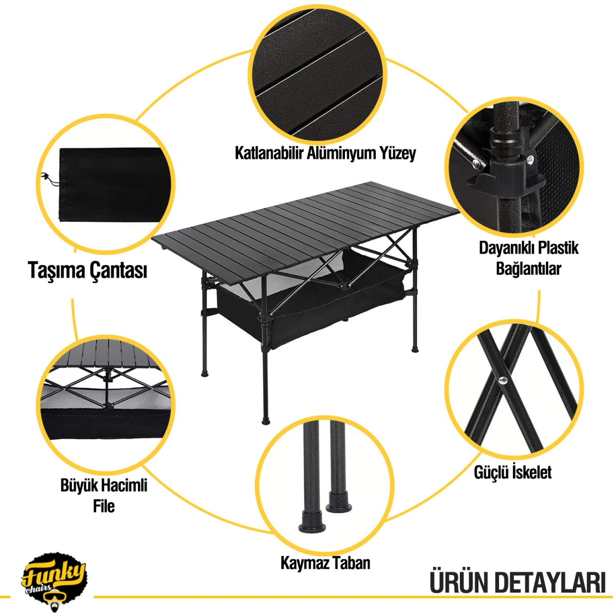 Funky Chairs Family Large Katlanabilir Alüminyum Kamp Masası - Siyah (95x55x68cm)
