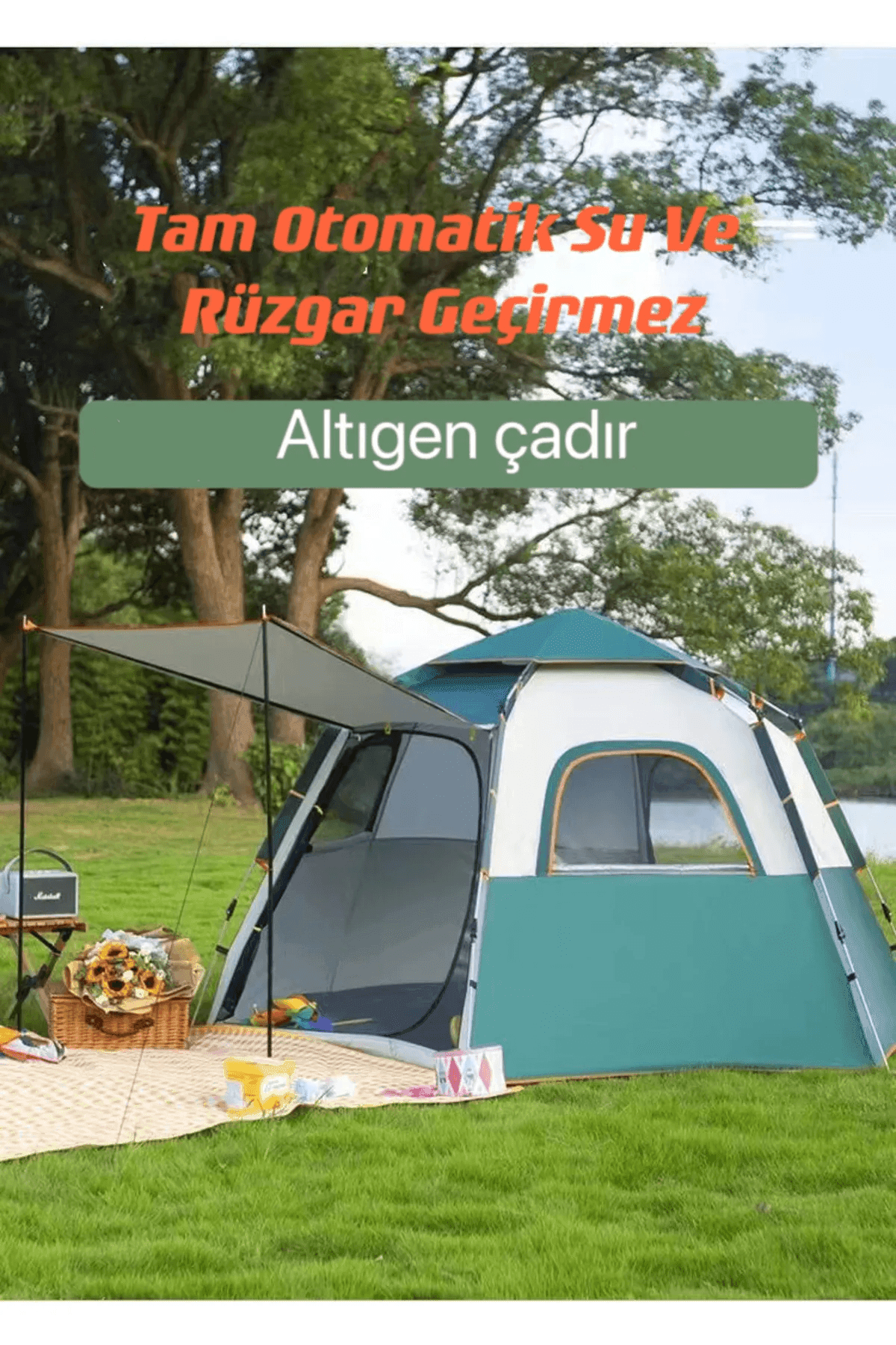 Shufa Tam Otomatik Su Ve Rüzgar Geçirmez Gölgelikli Altıgen Çadır Aile Çadırı 280*240*155 Cm -ZP29 (Haki)