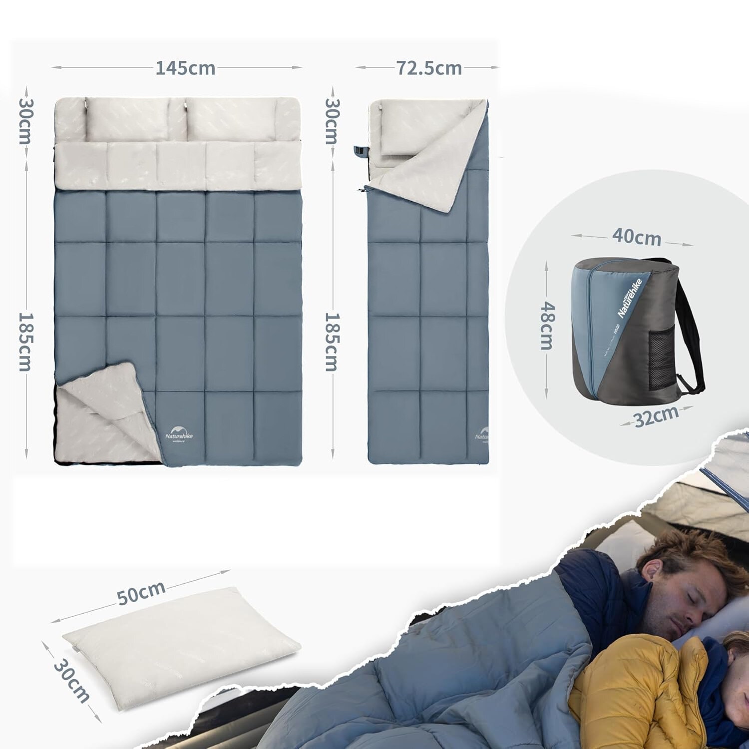 Naturehike HD250 Zarf Tarzı Yastıklı Çift Kişilik Pamuklu Uyku Tulumu						 - gece mavisi