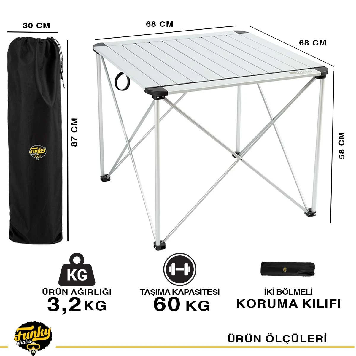 Funky Chairs Titanium Katlanabilir Çantalı Alüminyum Kamp ve Piknik Masası 