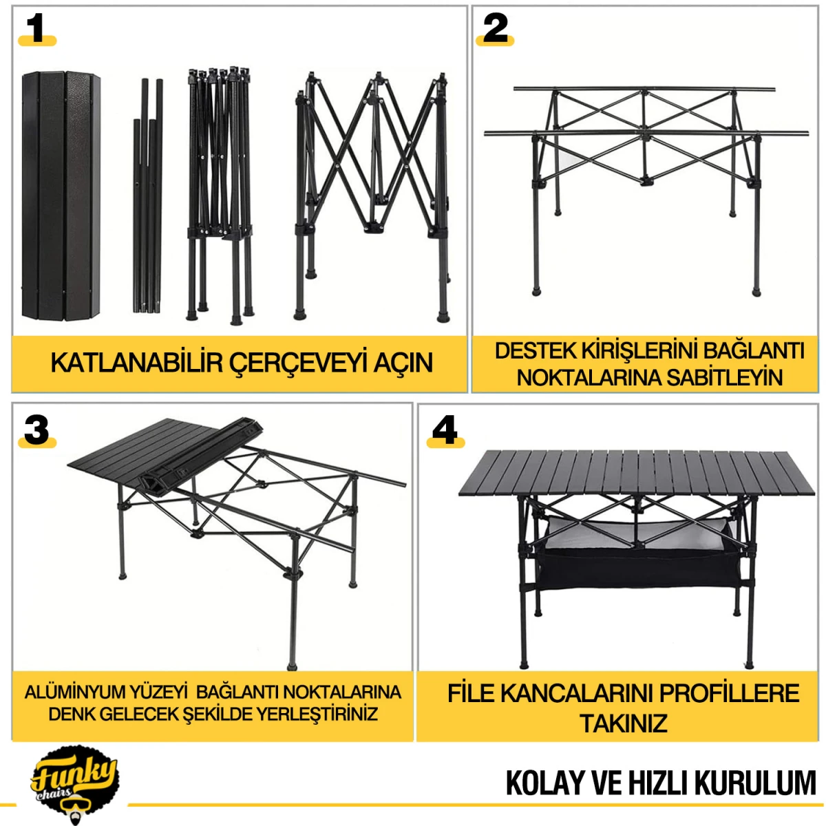 Funky Chairs Family Large Katlanabilir Alüminyum Kamp Masası - Siyah (95x55x68cm)