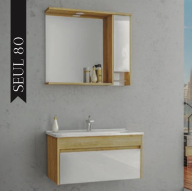 BAUWORLD Seul 80cm beyaz ahşap aynalı banyo dolabı takımı 