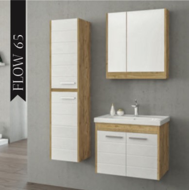 BAUWORLD Flow 65cm aynalı beyaz ahşap banyo dolabı takımı 