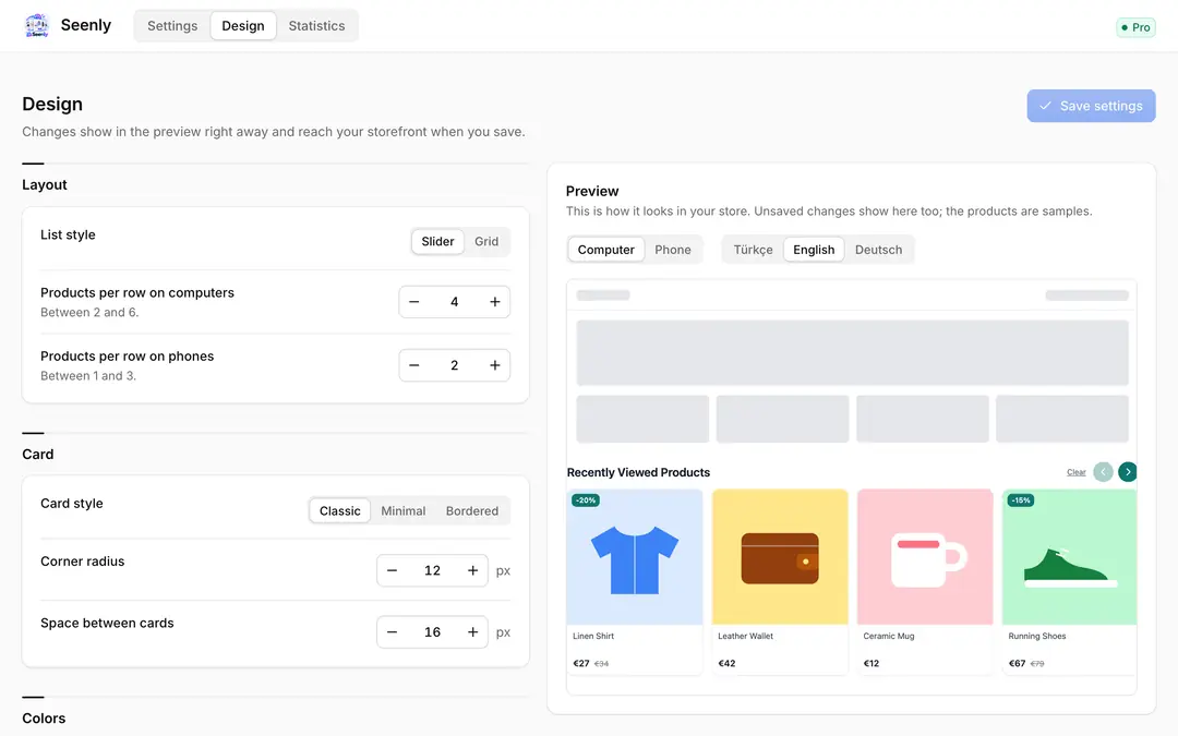 Seenly design settings with live preview