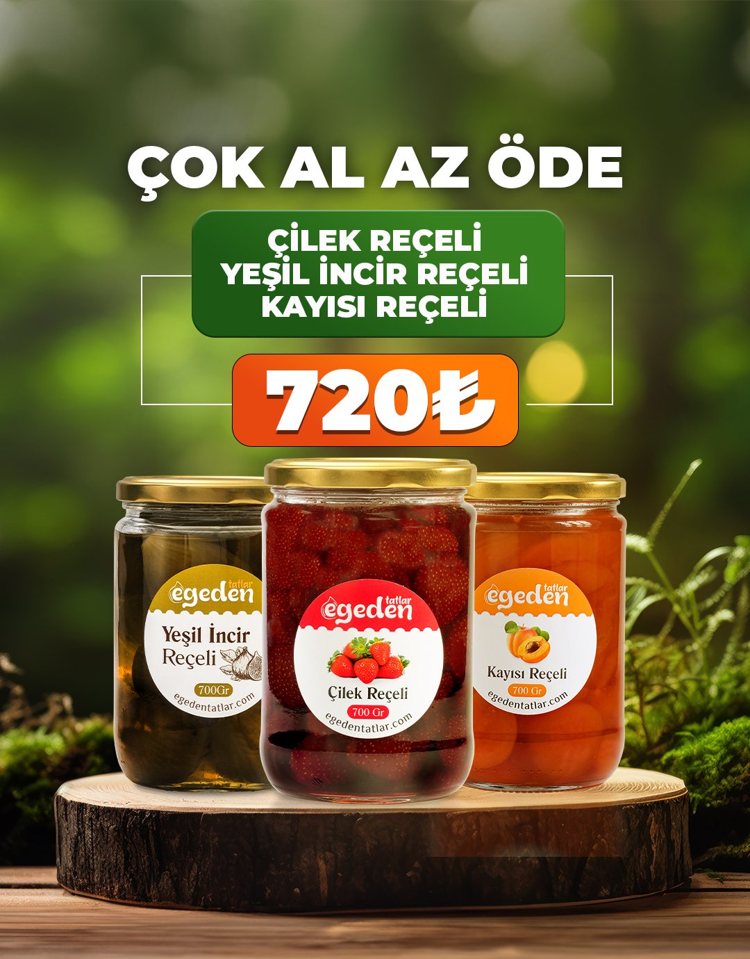 3'lü Reçel Fırsat Paketi (Çilek Reçeli, Yeşil İncir Reçeli ve Kayısı Reçeli) 700 gr. 