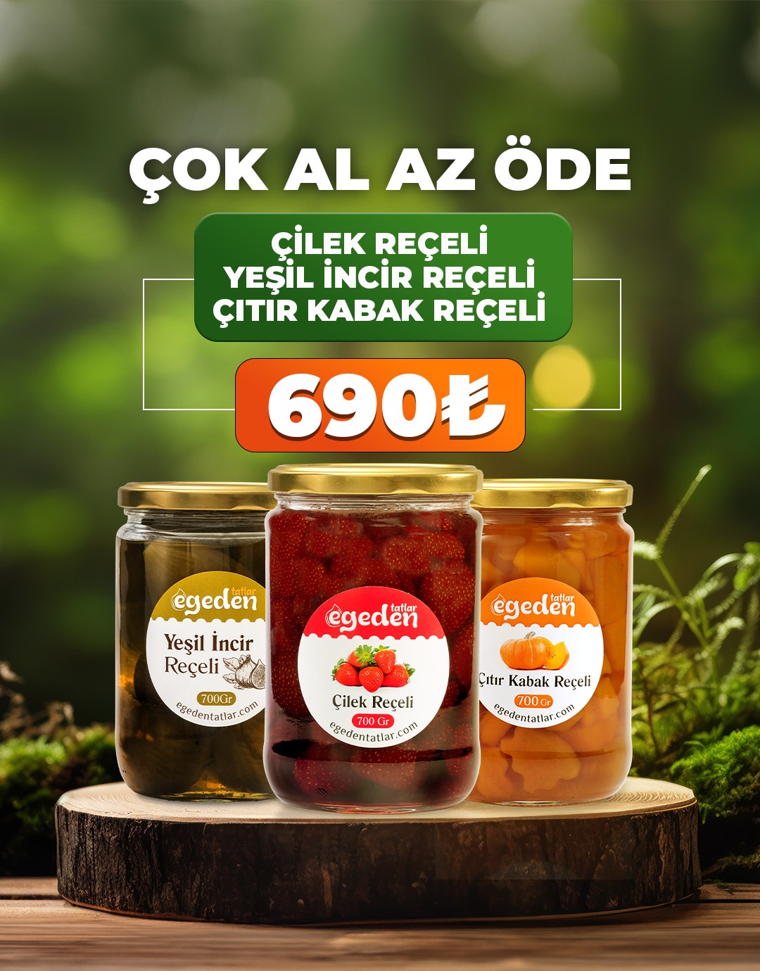 3'lü Reçel Fırsat Paketi (Çilek Reçeli, Yeşil İncir Reçeli ve Kayısı Reçeli) 700 gr. 
