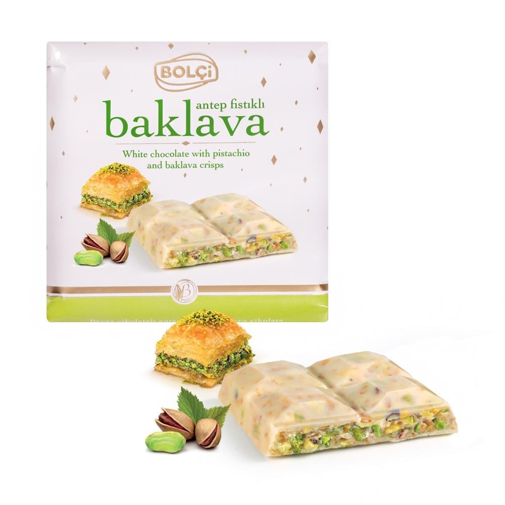 Antep Fıstıklı Baklava Parçacıklı Beyaz Tablet Çikolata 70g