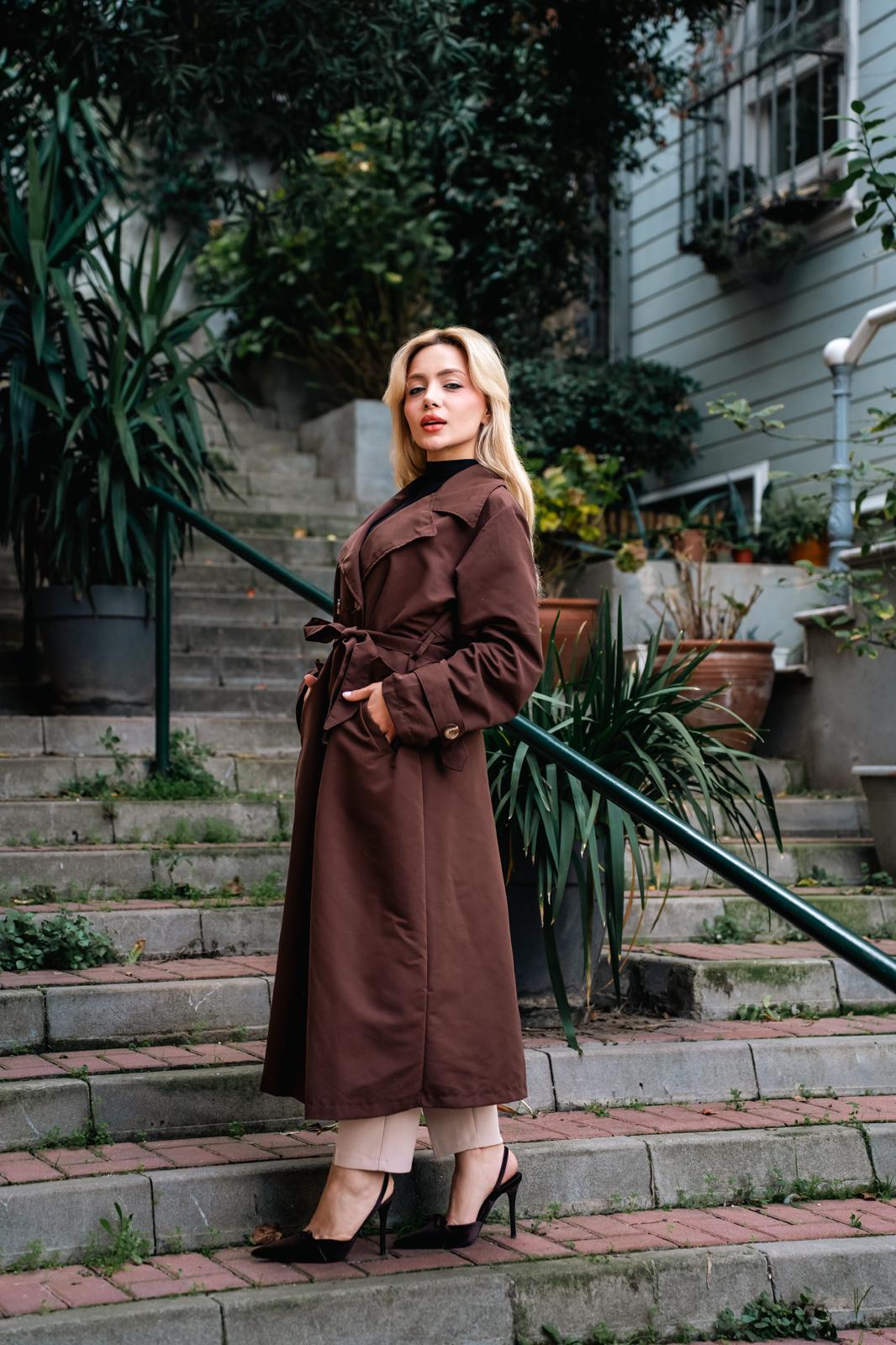 PREMİUM DÜĞME DETAY TRENÇKOT - KAHVERENGİ