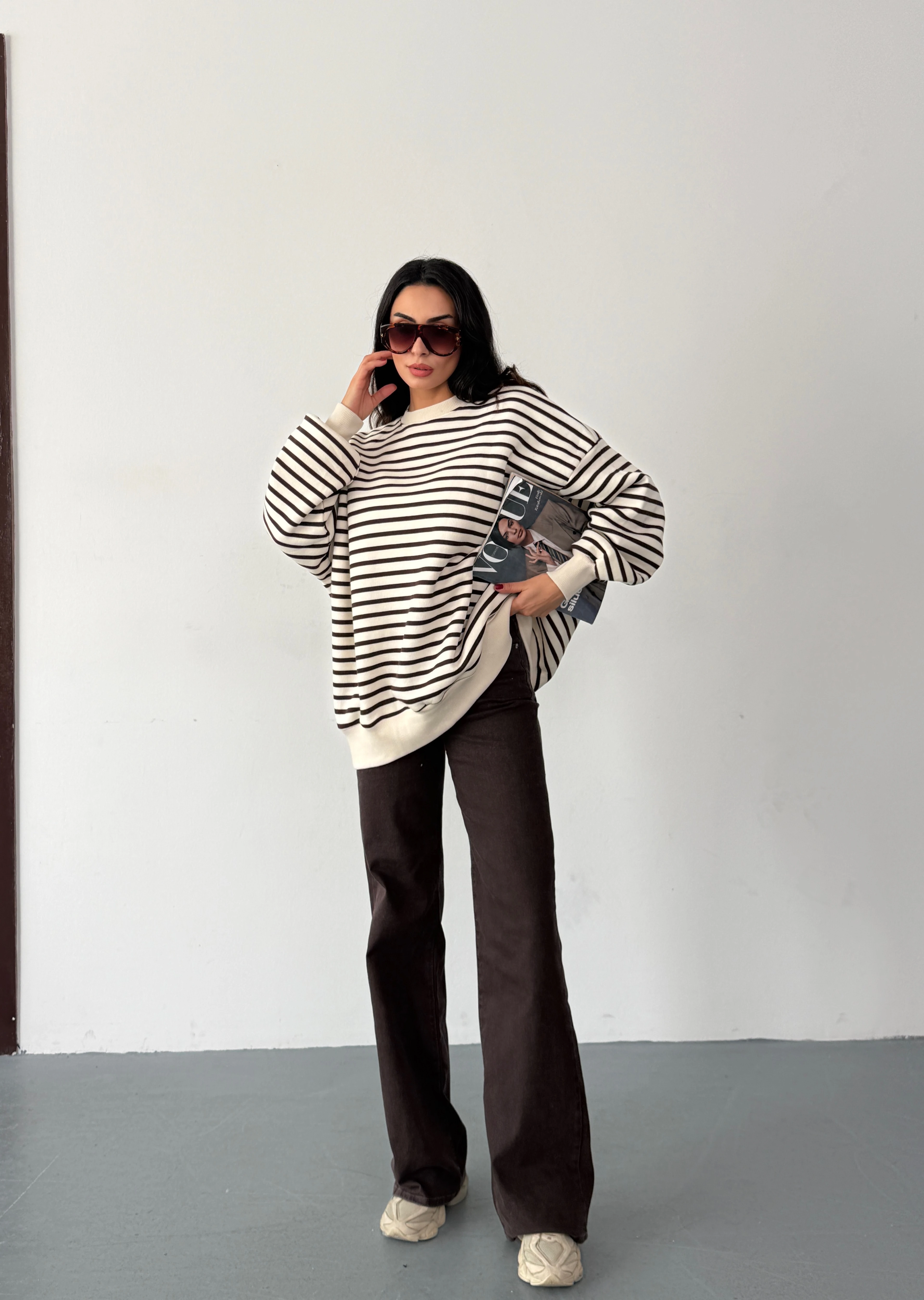 PREMİUM OVERSİZE ÇİZGİLİ SWEATSHİRT - KAHVERENGİ