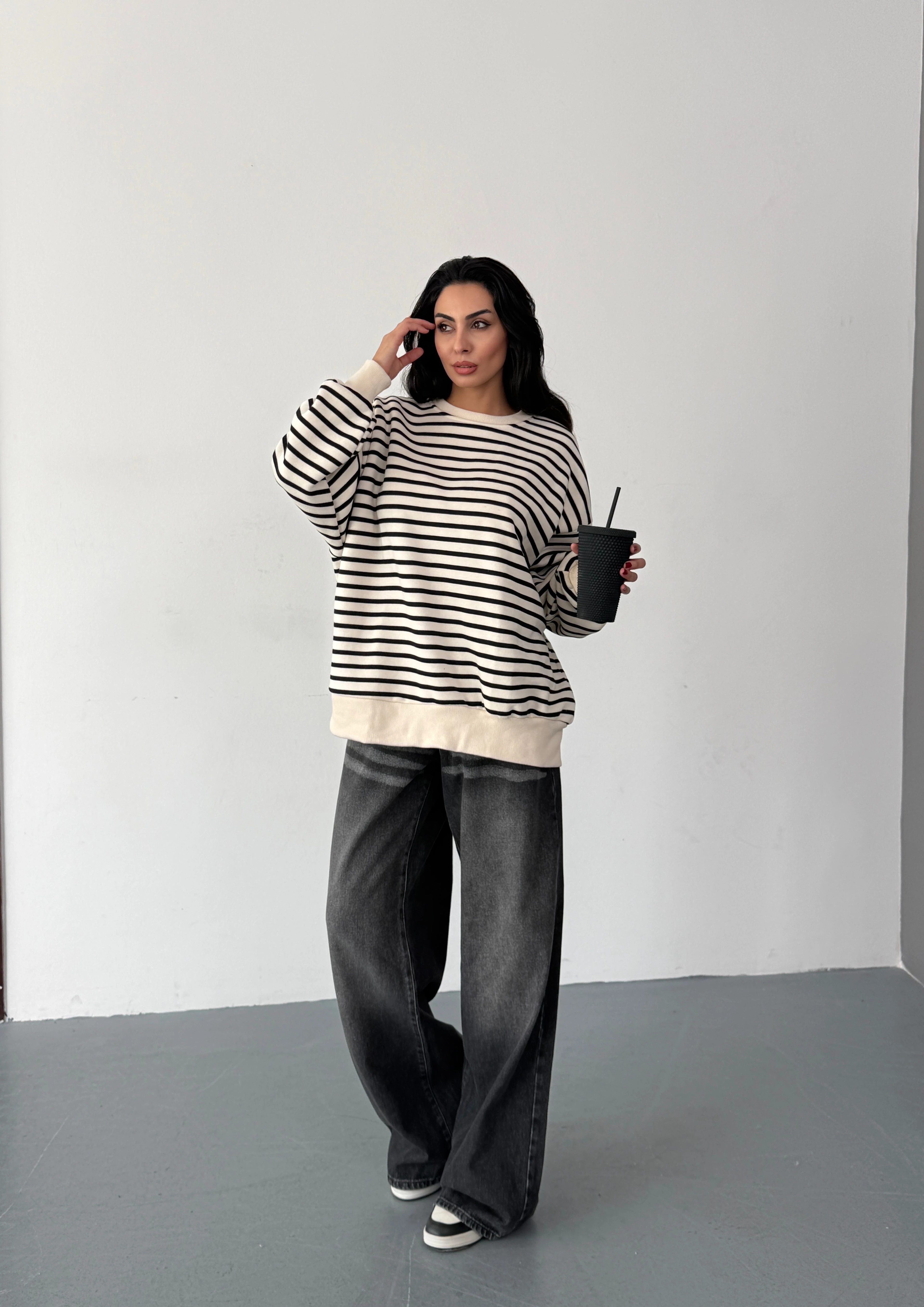 PREMİUM OVERSİZE ÇİZGİLİ SWEATSHİRT - Siyah