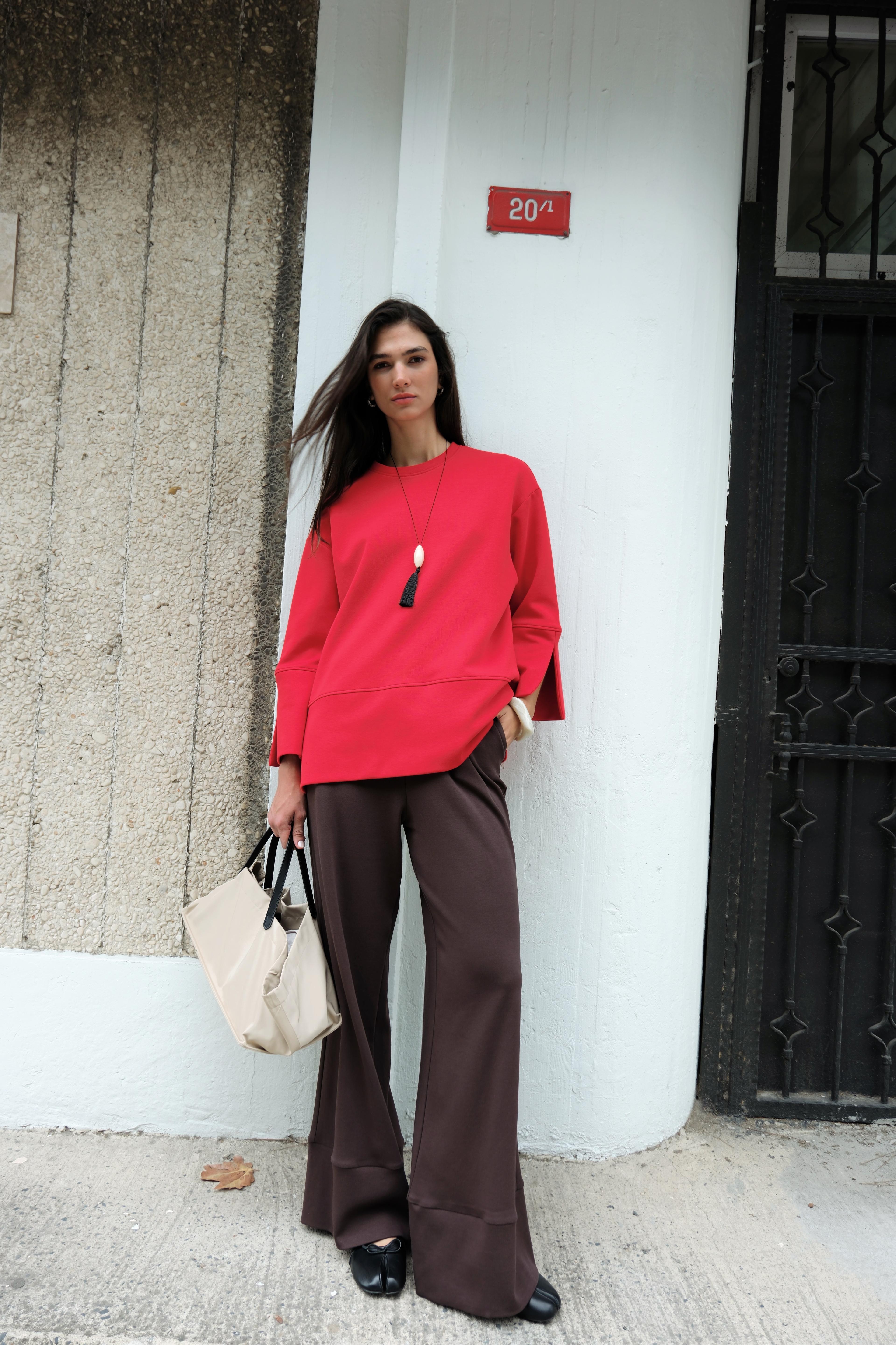 MANŞETLİ KIRMIZI SWEAT