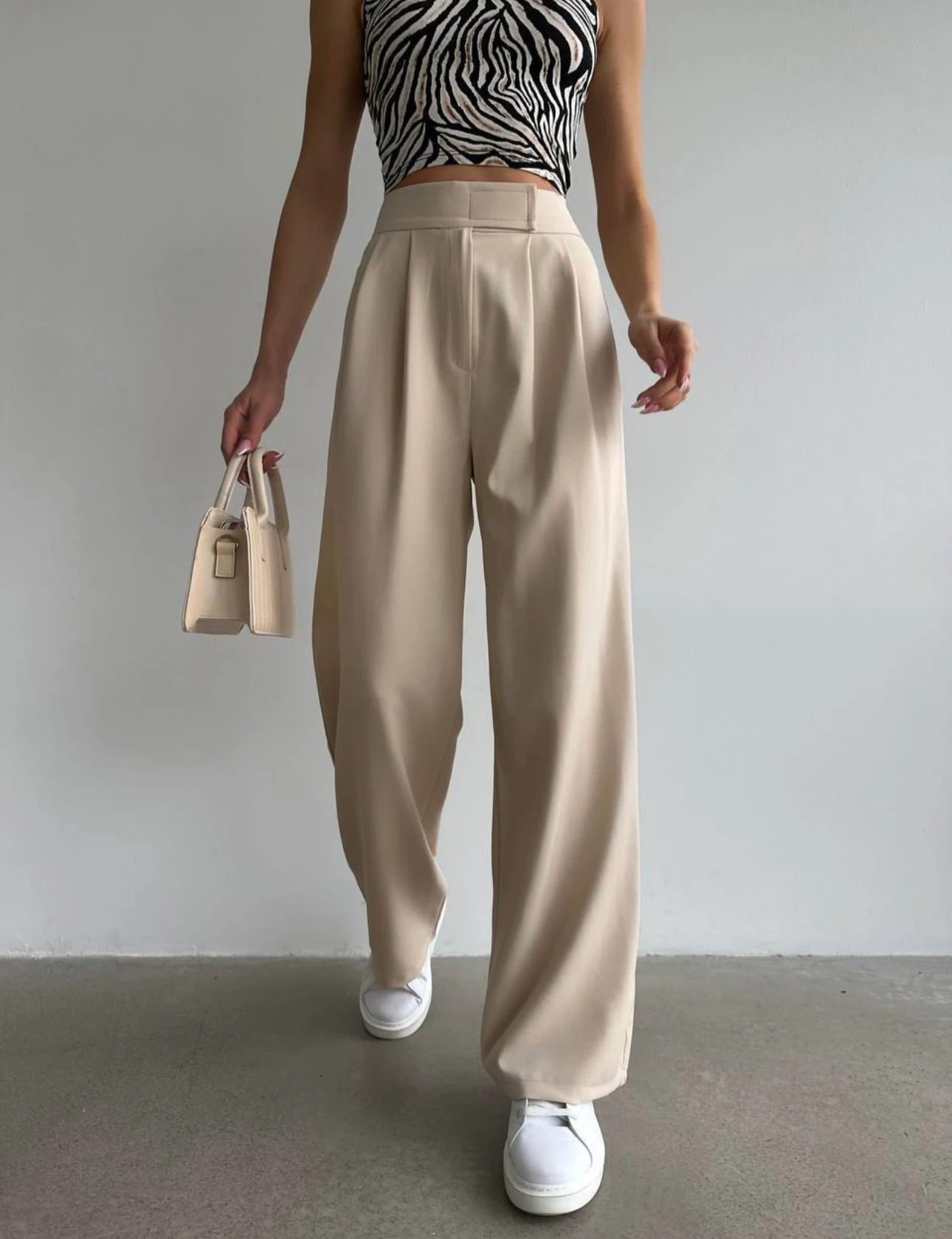 Yüksek Bel Cırtlı Palazzo Pantolon - Bej