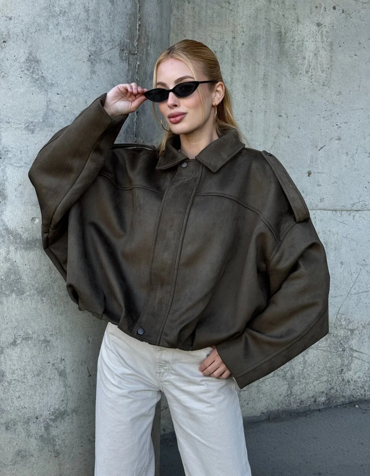 Süet Görünümlü Bomber Ceket - Haki