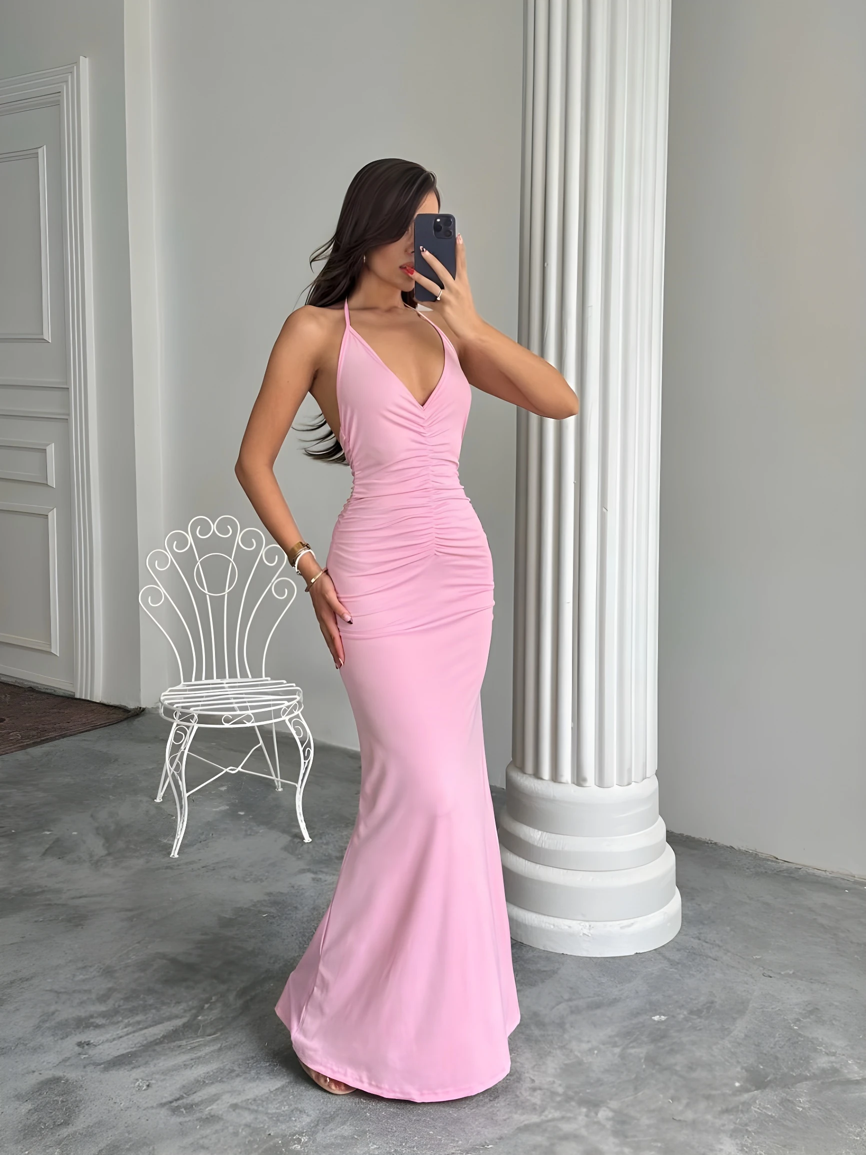  Drapeli Halter Yaka Uzun Elbise - Pembe