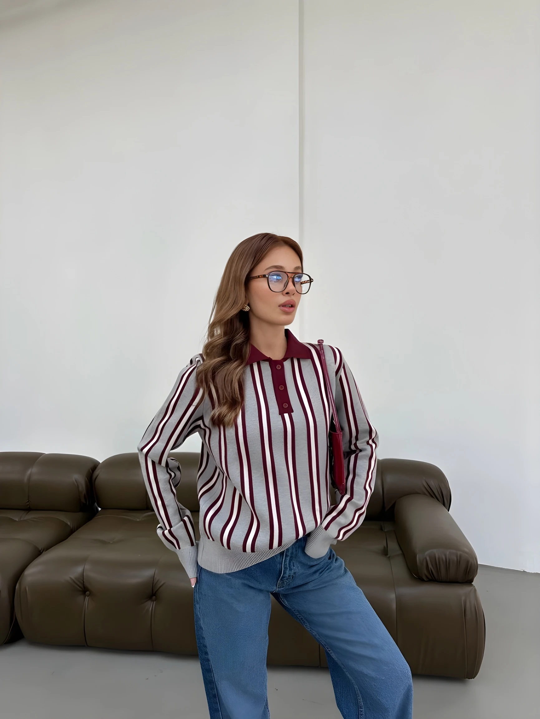  Çizgili Polo Yaka Kadın Triko Kazak