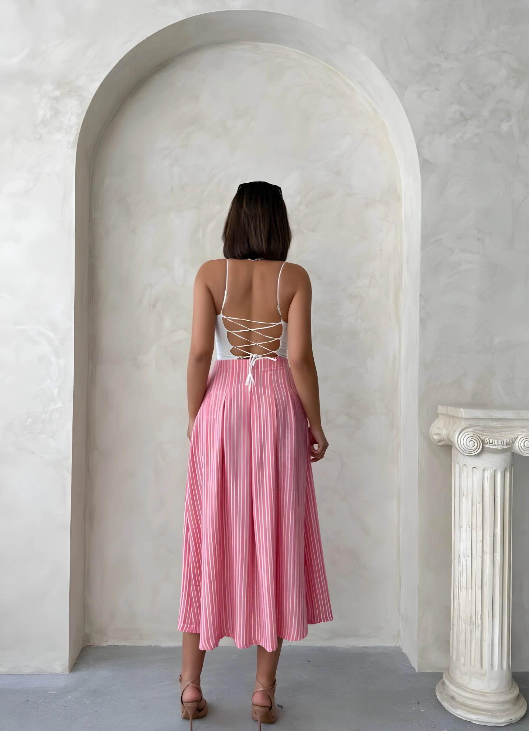 Pileli Ve Çift Cep Detaylı Çİzgili Midi Boy Keten Etek