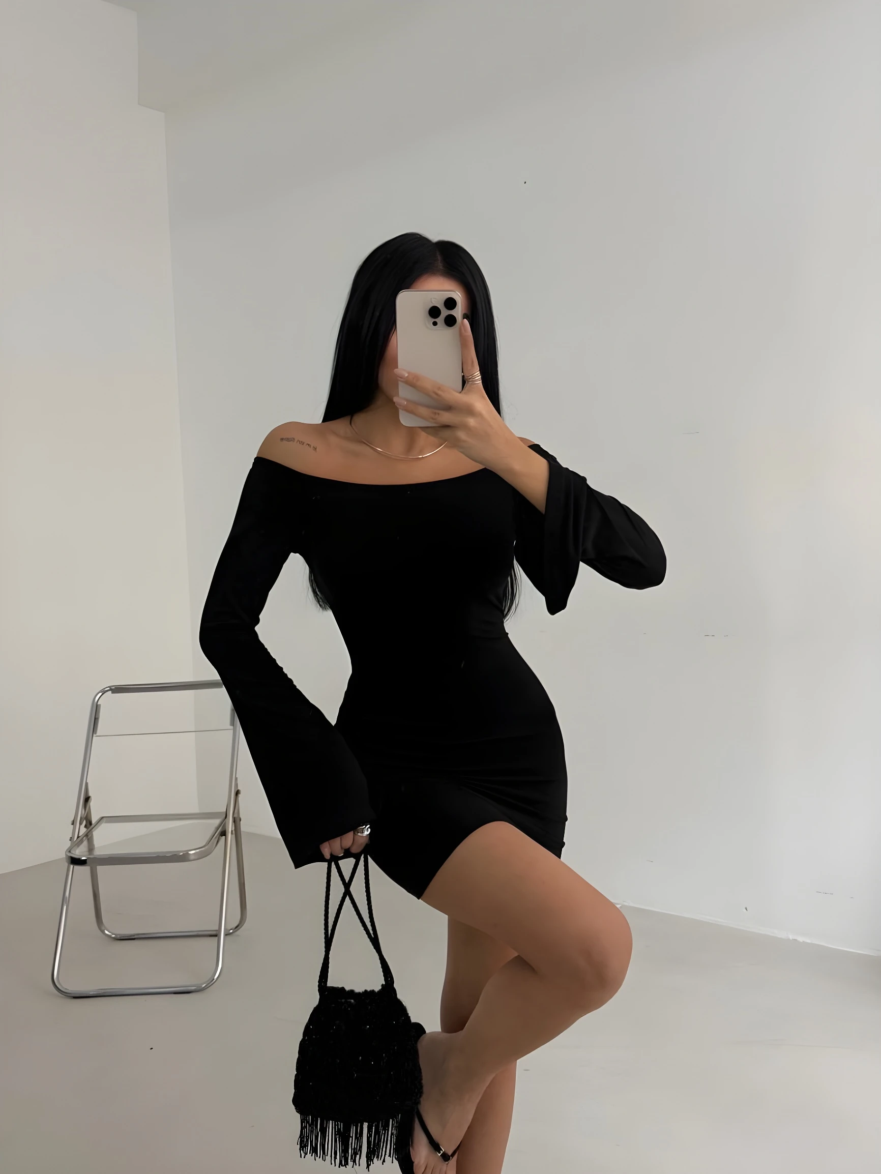 Volan Kol Straplez Mini Kahverengi Elbise - Siyah