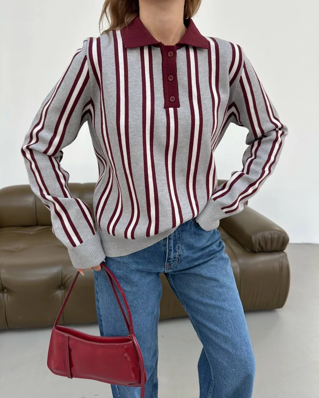  Çizgili Polo Yaka Kadın Triko Kazak